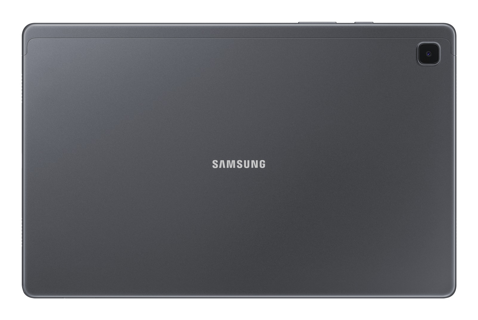 Achterkant van een grijze Samsung tablet, met het Samsung logo in het midden en camera bovenaan.
