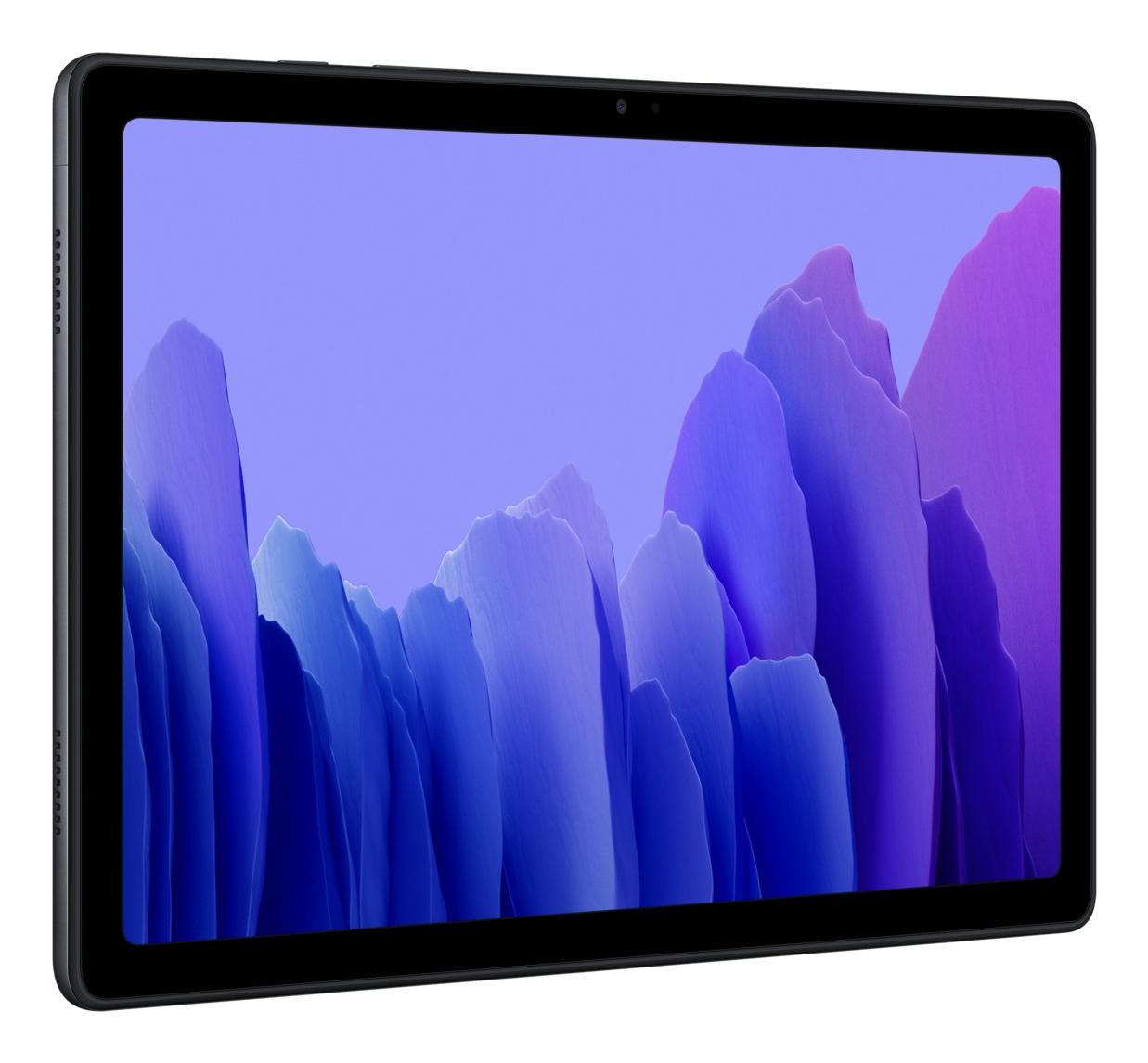 Tablet mit blauem und lila abstraktem Hintergrund auf dem Bildschirm. Schwarzer Rahmen und Kamera.