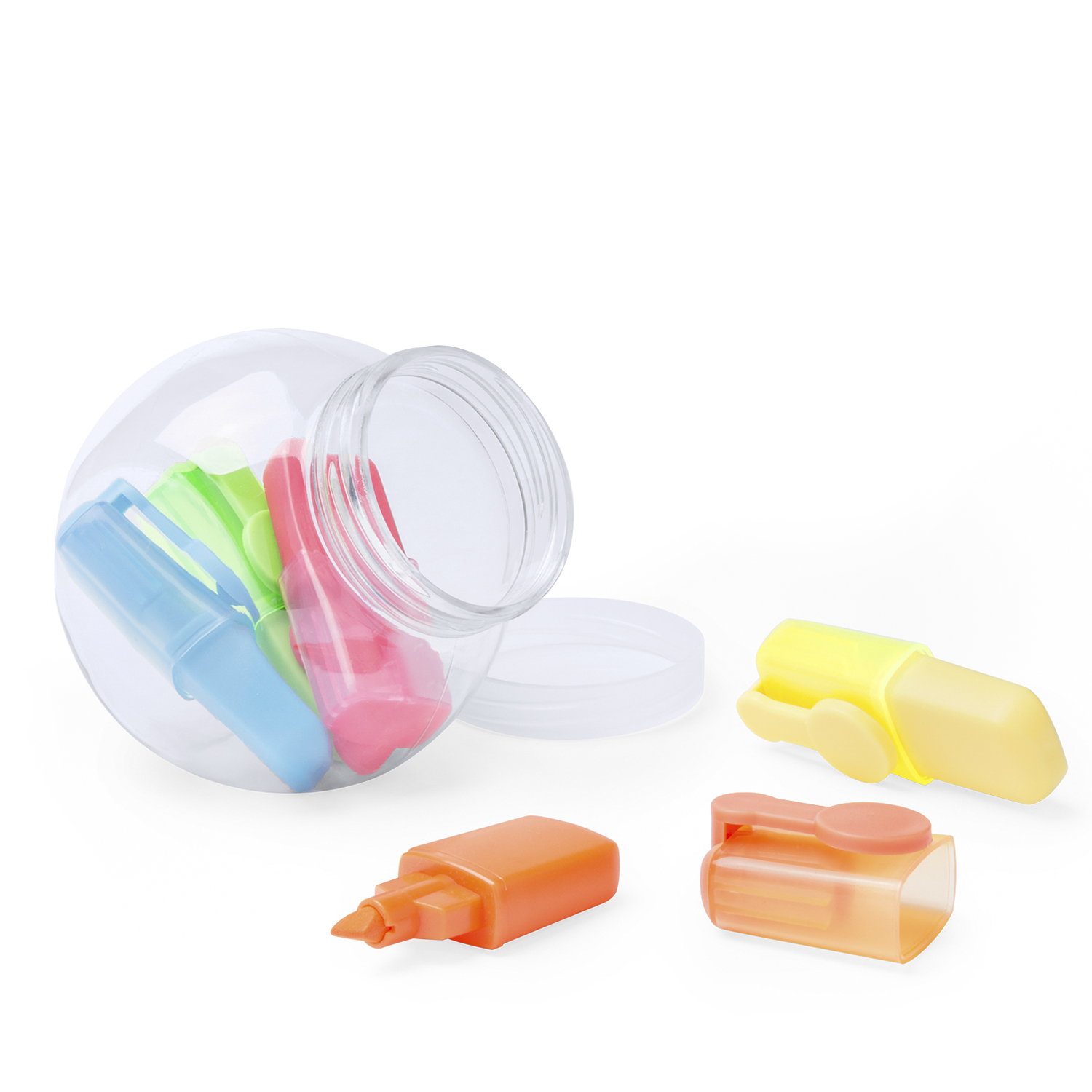 Tarro transparente con resaltadores dispersos; marcadores azules, verdes, rosas, naranjas y amarillos.