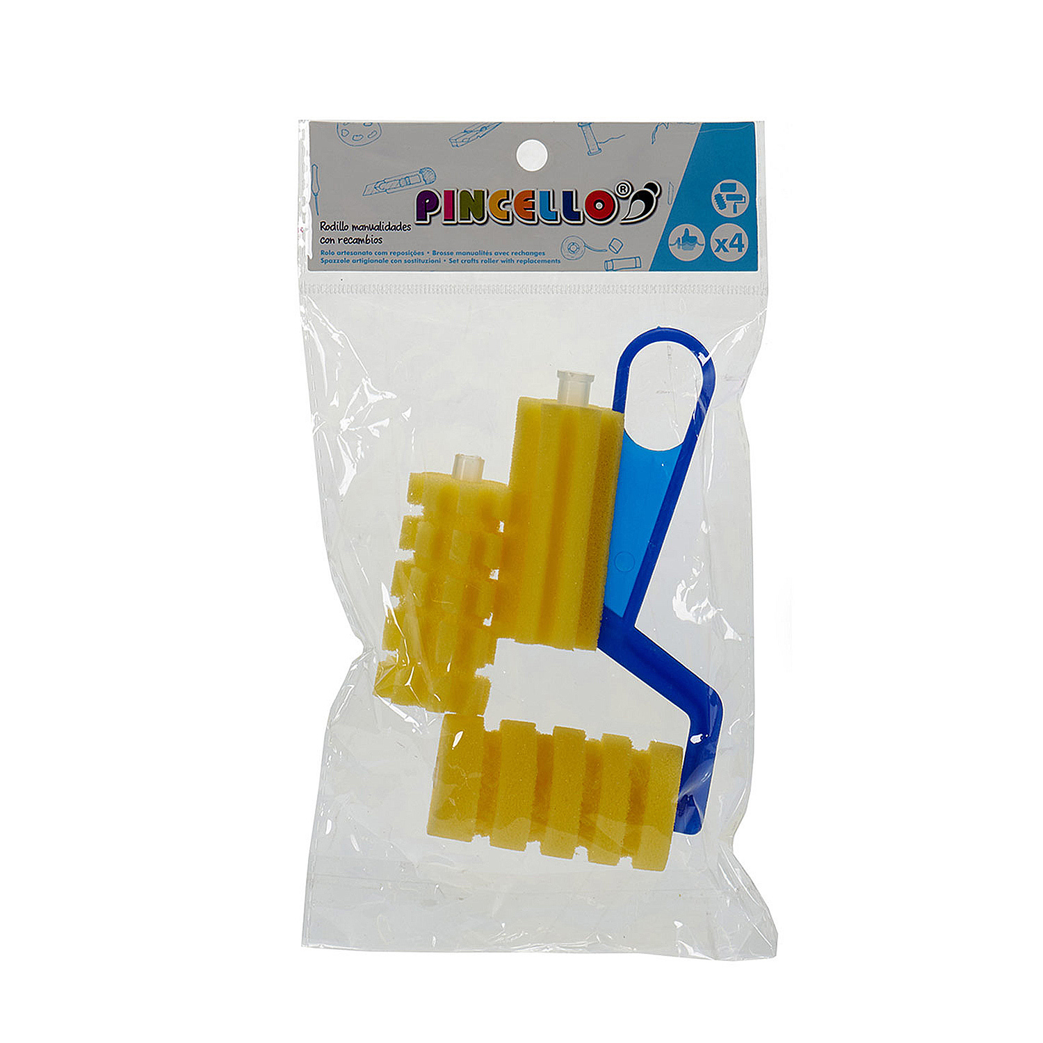 Una bolsa de plástico transparente que contiene rodillos de esponja amarillos y un mango azul.