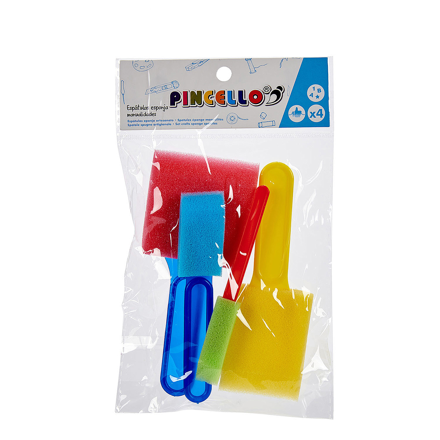 Paquete de pinceles y esponjas, incluyendo rojo, azul, verde y amarillo, en una bolsa transparente.