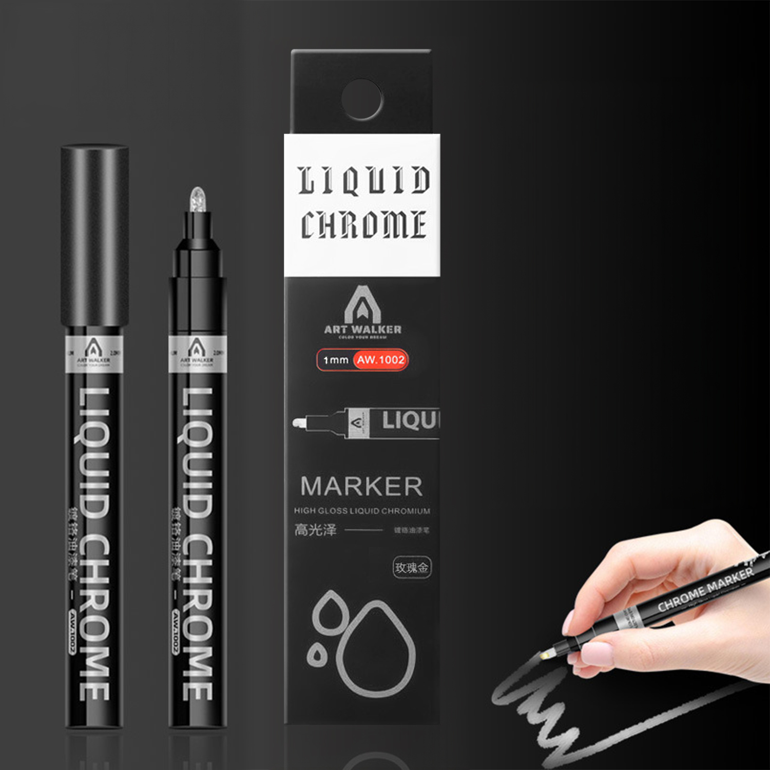 Marcadores Liquid Chrome con una caja negra y una persona escribiendo en papel.