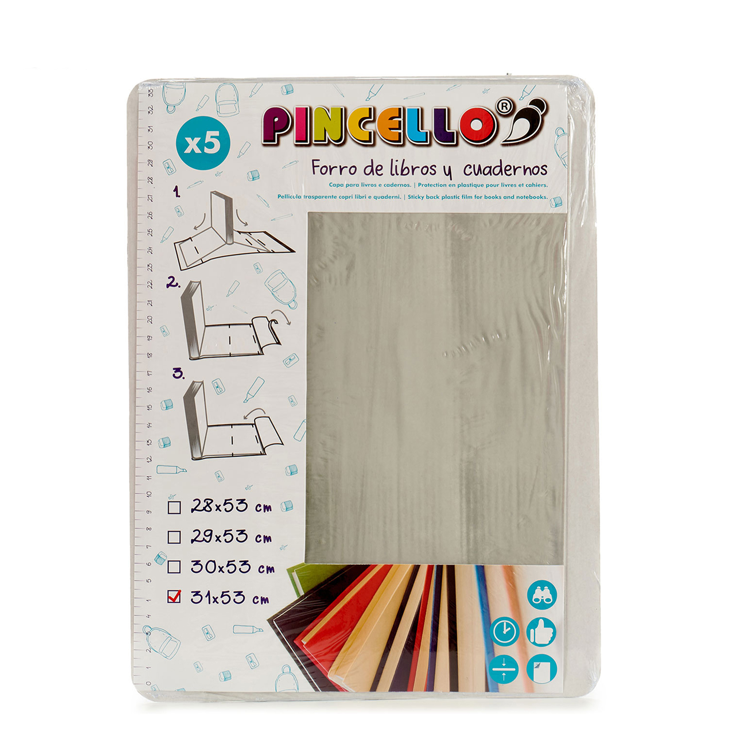 Fundas transparentes de plástico para libros y cuadernos con cuadrícula y medidas, en un paquete.