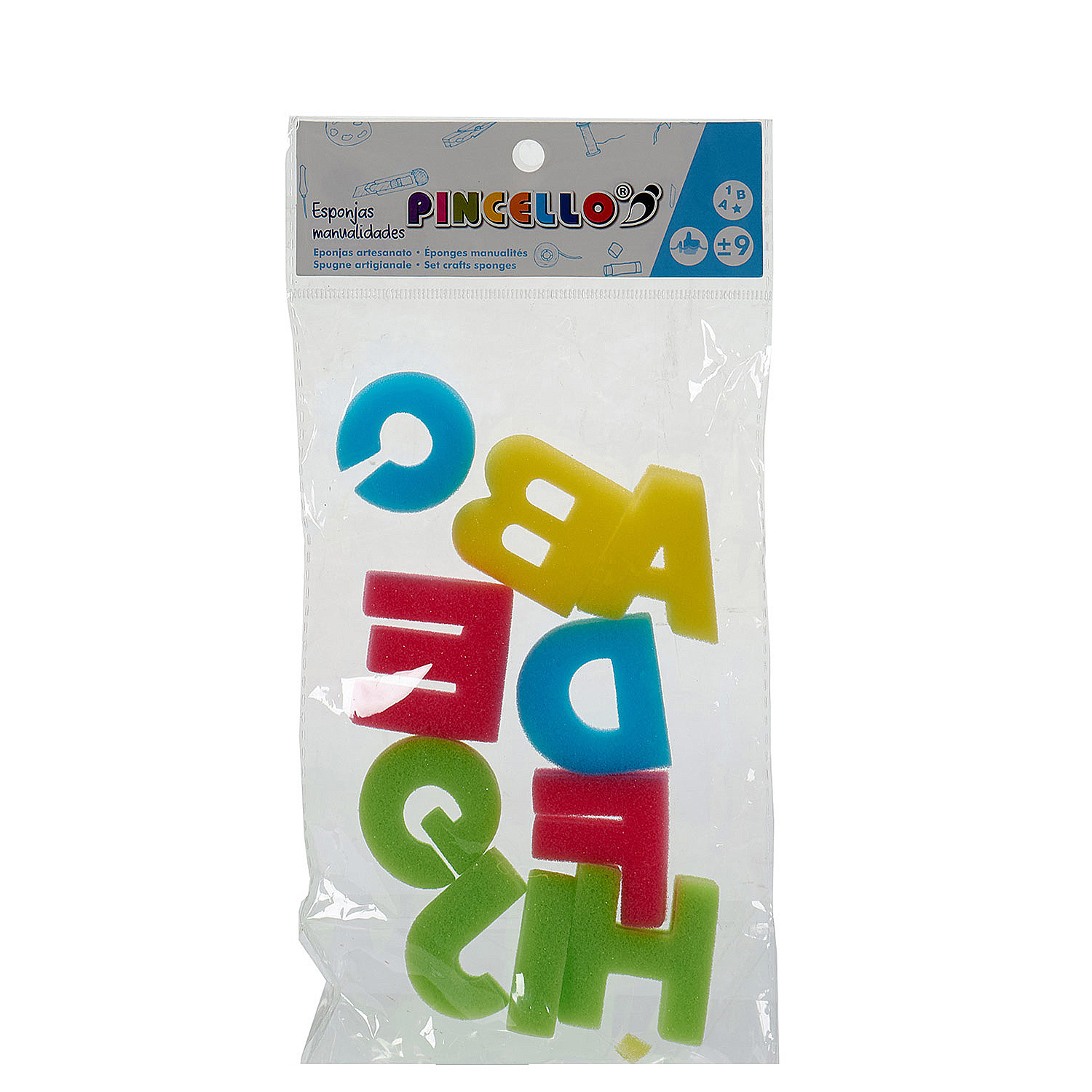 Letras en una bolsa de plástico, coloridas, rojo, azul, amarillo y verde.