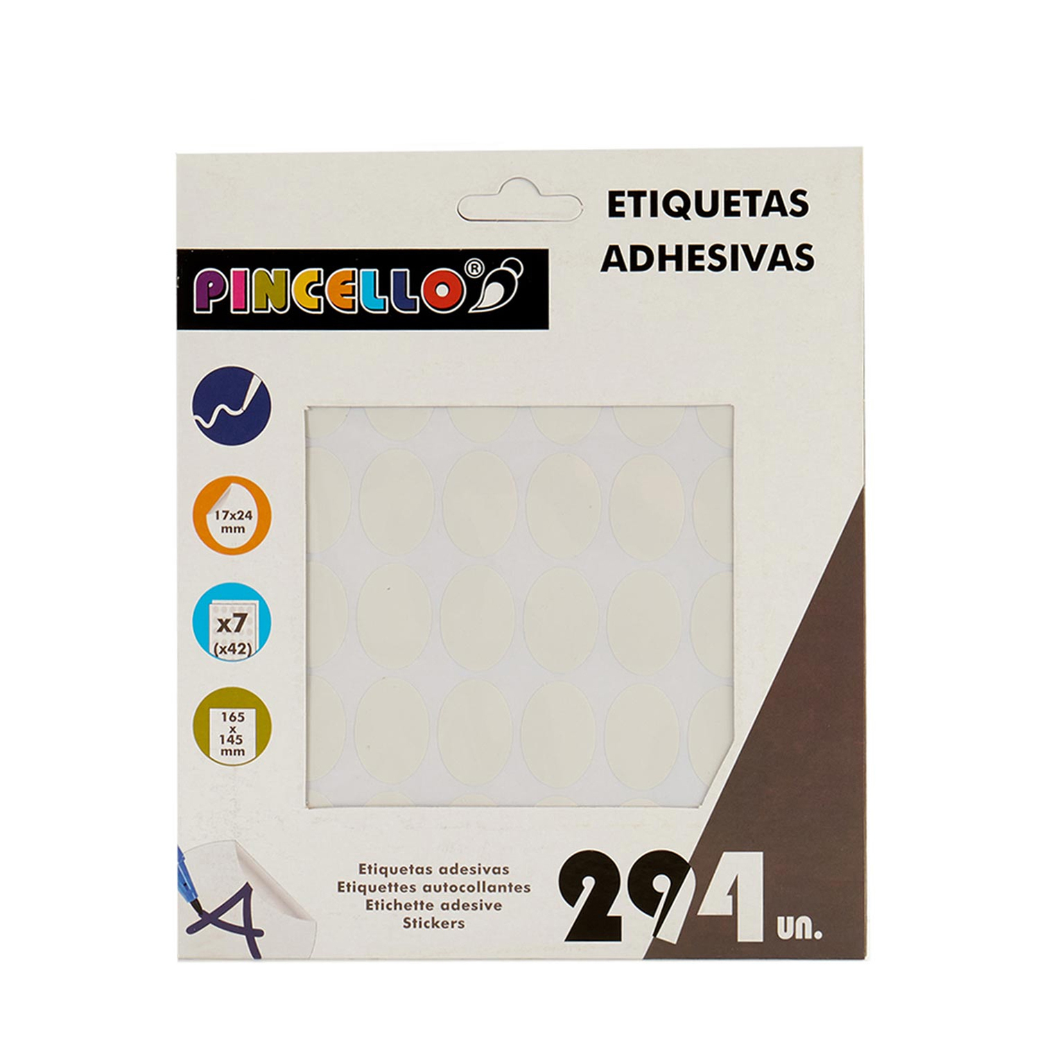Pegatinas ovaladas blancas en una caja blanca y azul. Texto: 'Etiquetas Adhesivas'.