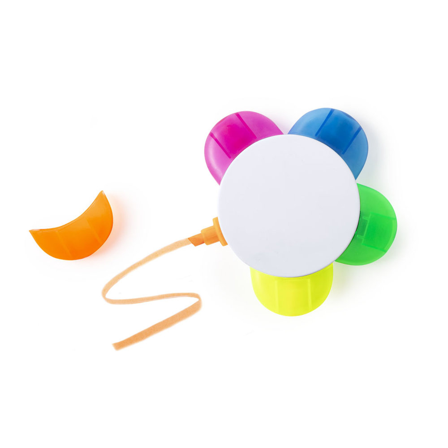 Un resaltador en forma de flor con cinco secciones de colores y una línea naranja. Fondo blanco.