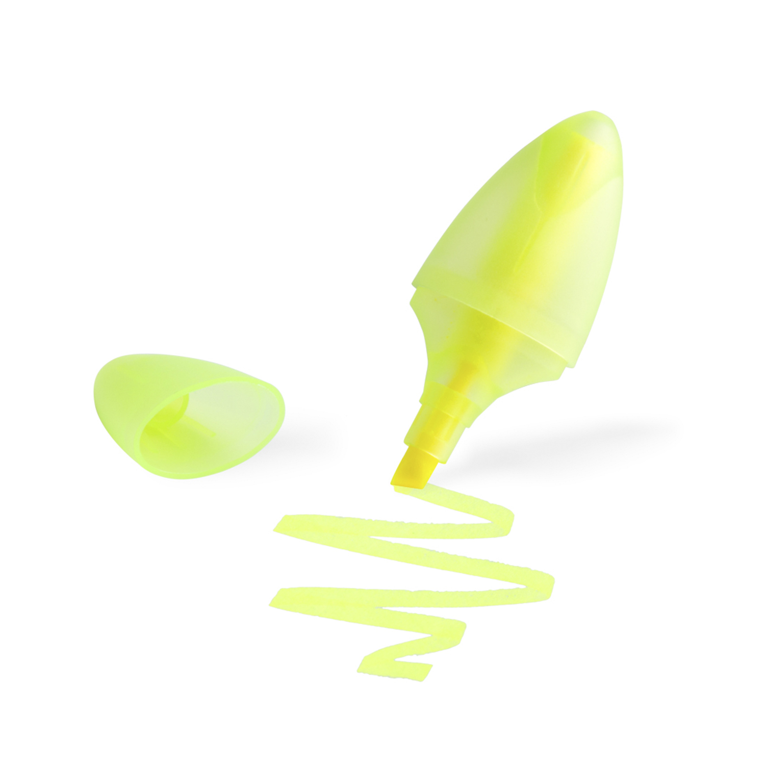 Un resaltador amarillo sin tapa y un rastro de tinta, sobre una superficie blanca.