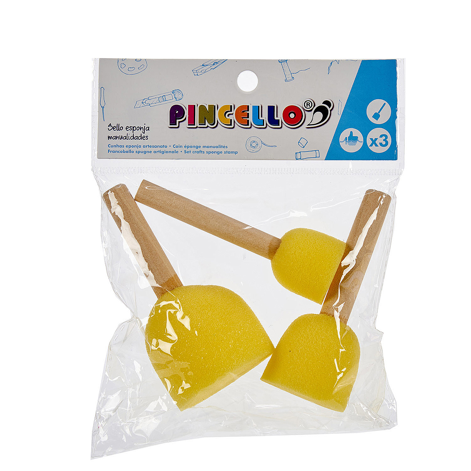 Tres sellos de pintura de esponja amarillos con mangos de madera en un paquete de plástico transparente.