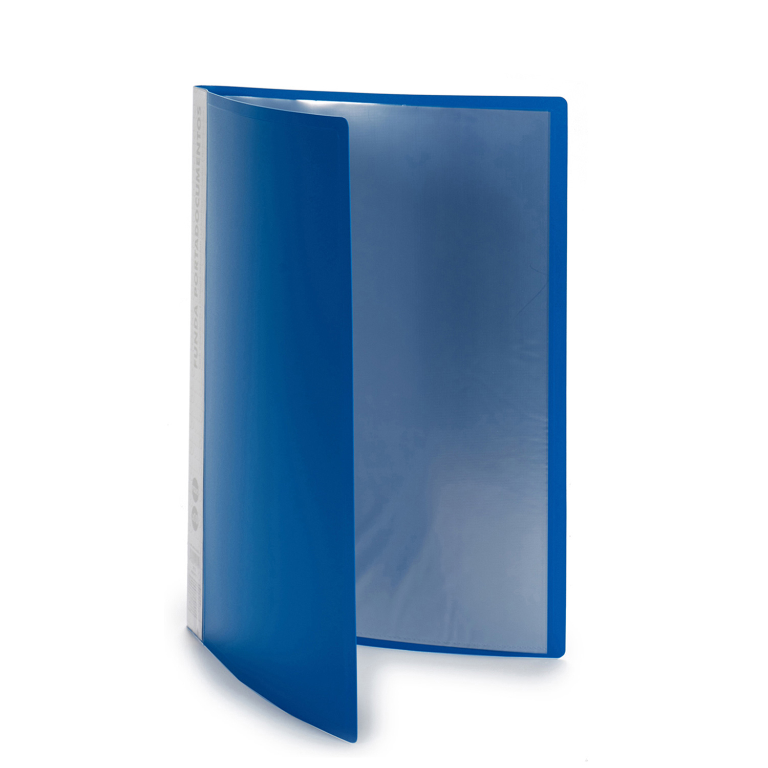 Carpeta azul para documentos, abierta, con una funda de plástico transparente. Fondo blanco.