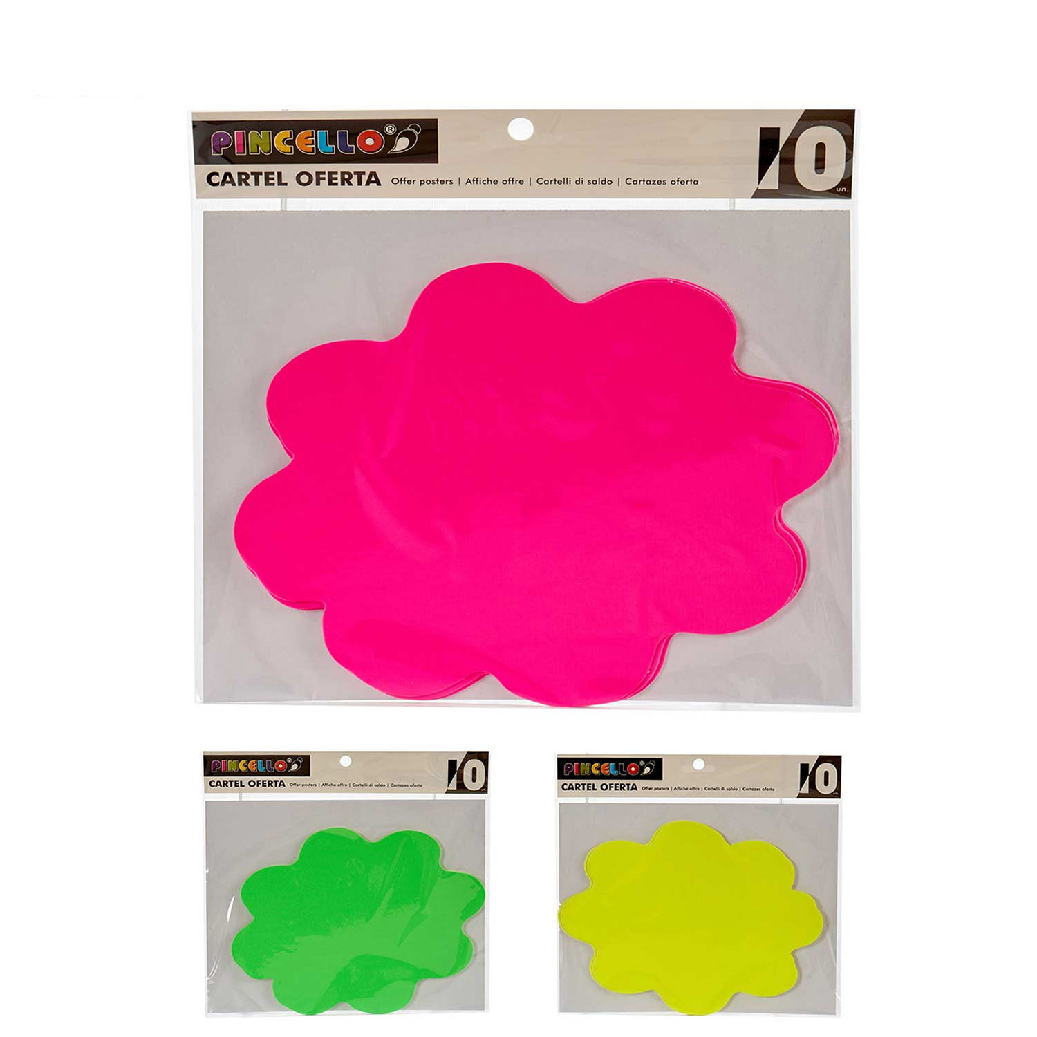 Tres letreros en forma de nube de color neón en embalaje.