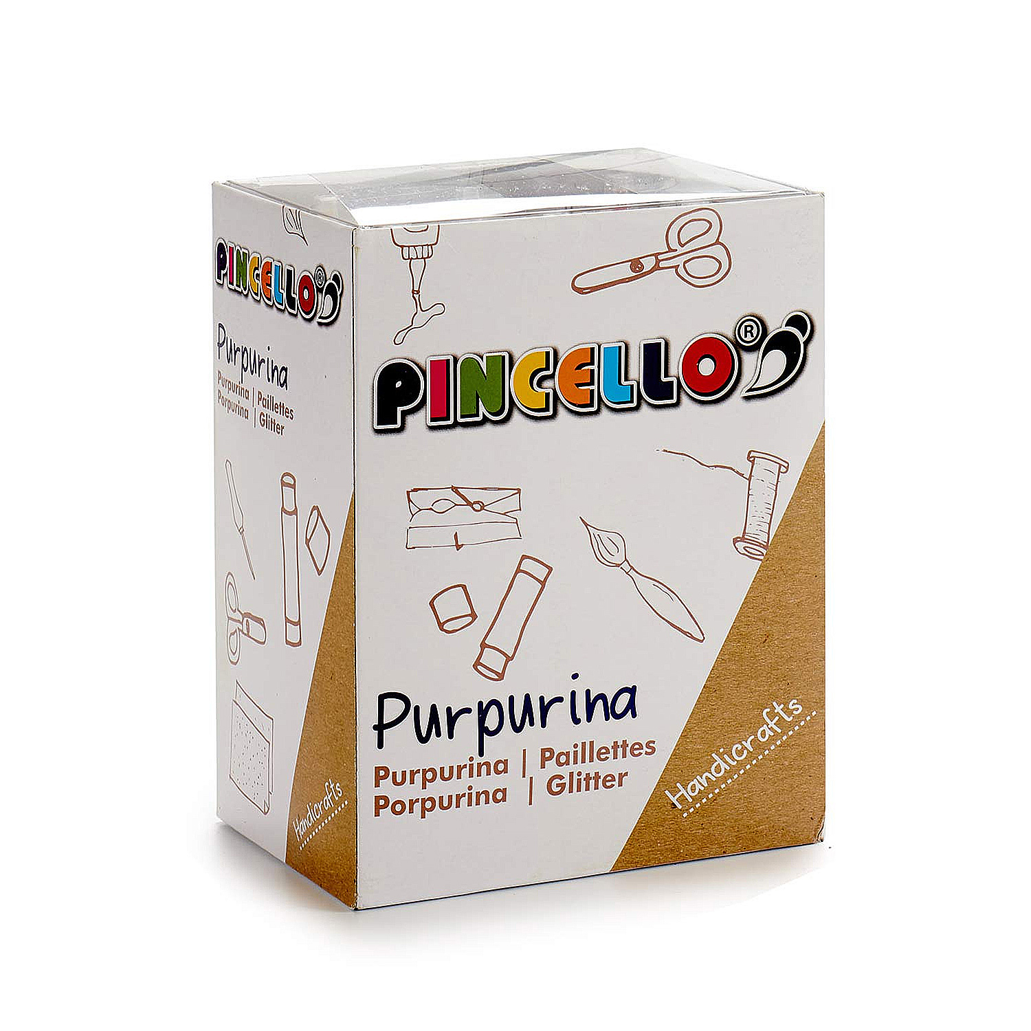 Caja de purpurina etiquetada Purpurina. Muestra ilustraciones de suministros de manualidades y el nombre de la marca.