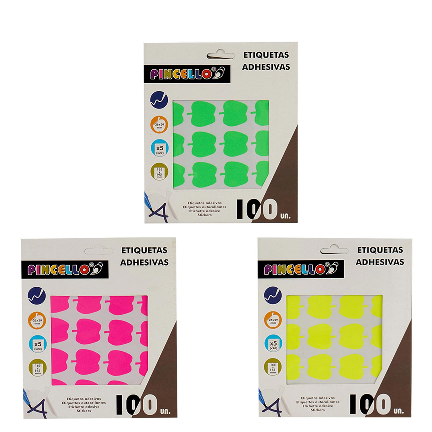 Tres paquetes de etiquetas adhesivas en verde, rosa y amarillo, cada uno con 100 etiquetas. Marca 'Pincello'.