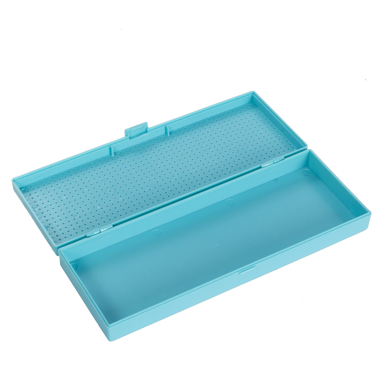 Estuche turquesa abierto con tapa y base con pequeños orificios sobre fondo blanco.
