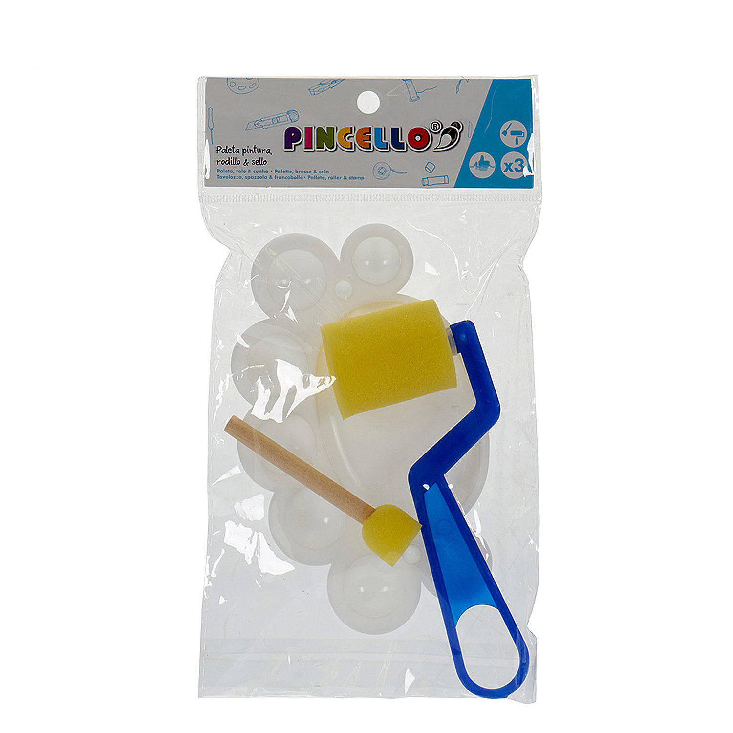 Paquete de útiles de arte: paleta de pintura, rodillo, esponja, pincel de madera y recipientes circulares de pintura.