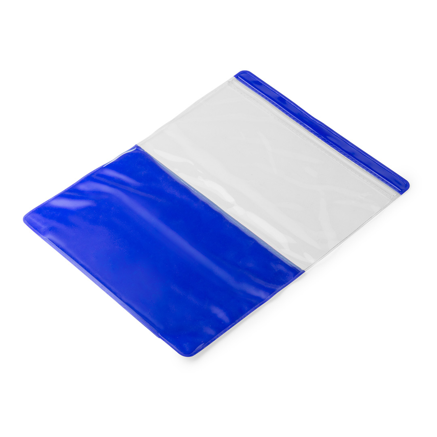 Portadocumentos de plástico azul y blanco, abierto, sobre fondo blanco.