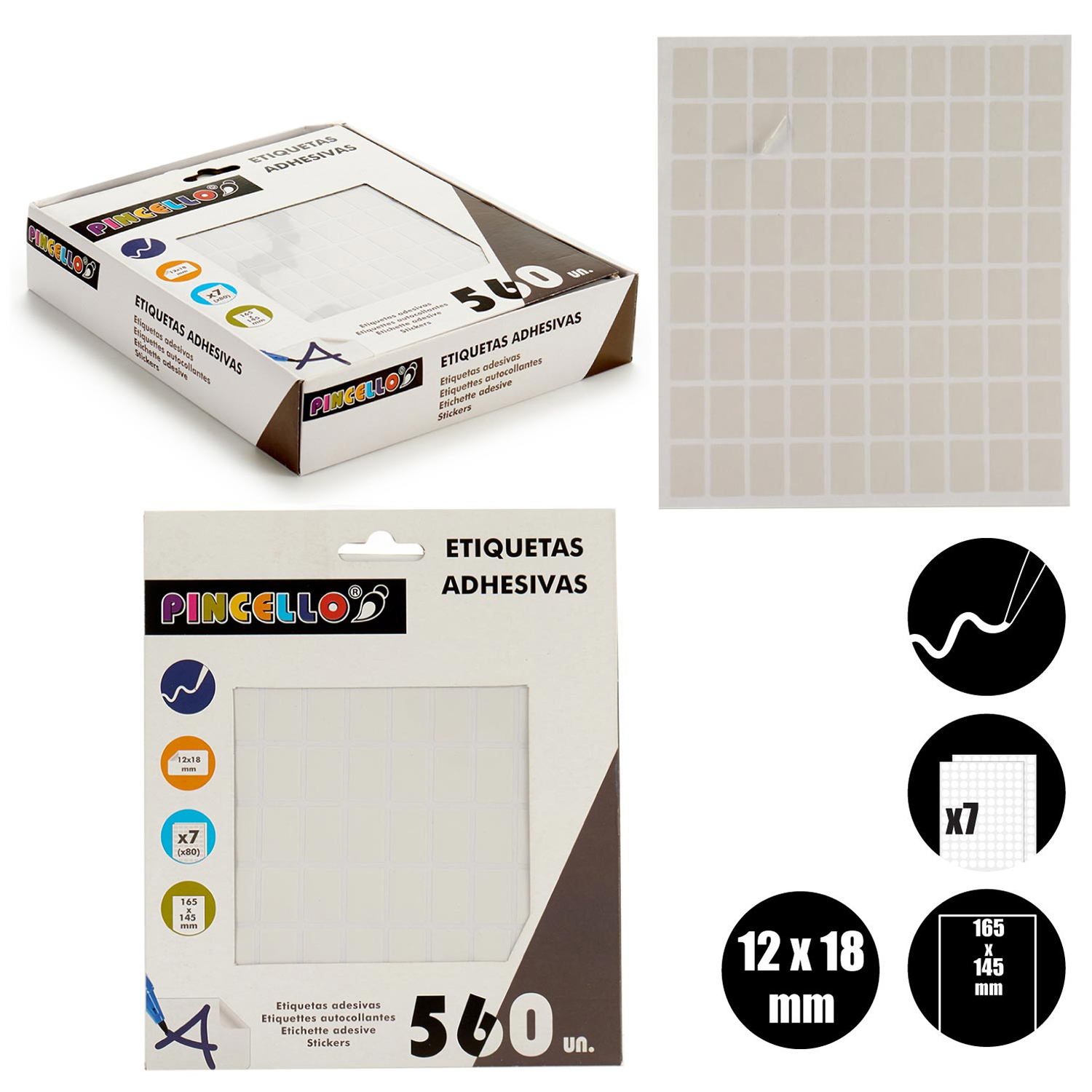 Pegatinas cuadradas blancas en una caja, con detalles sobre el tamaño y la cantidad de las pegatinas.
