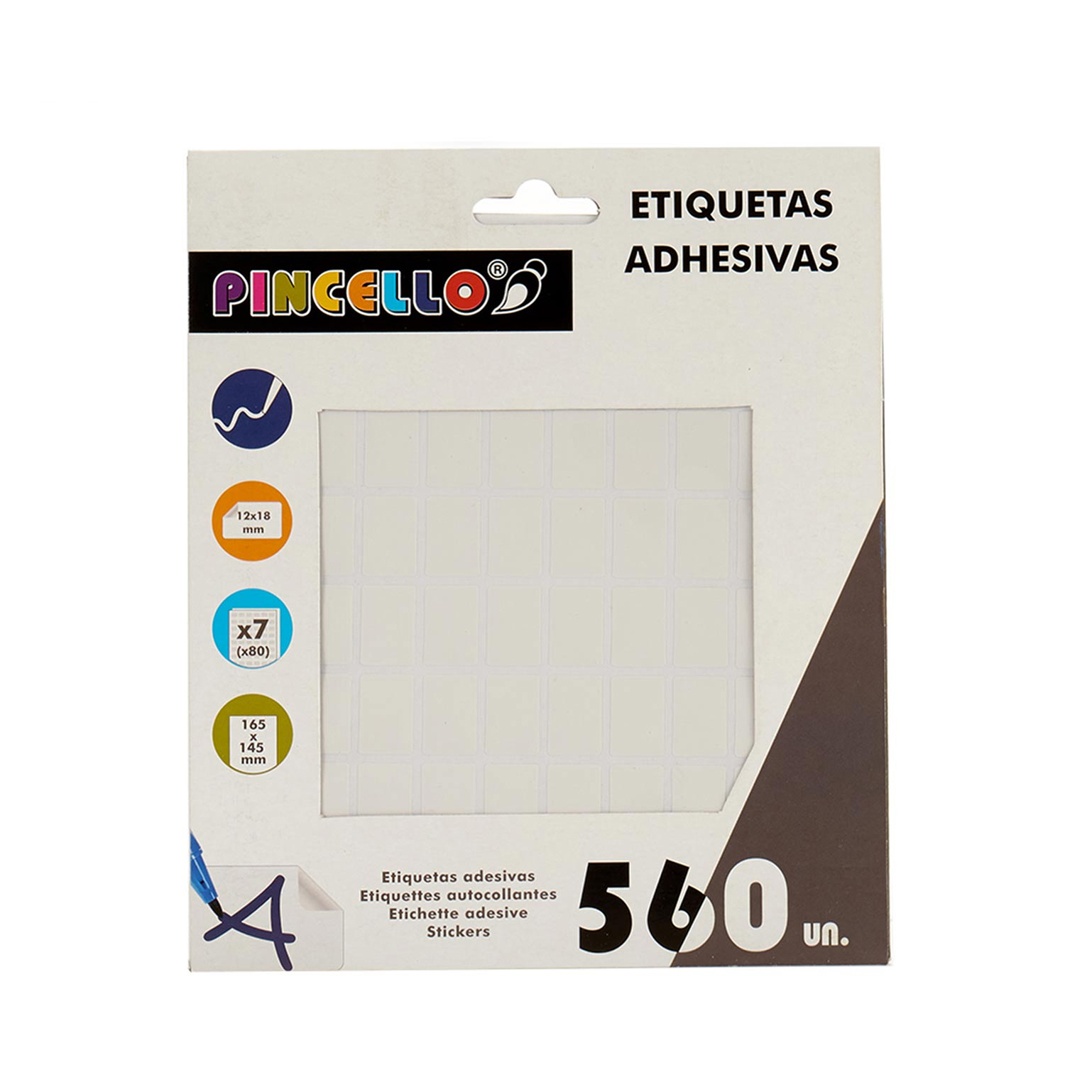 Pegatinas blancas con etiquetas cuadradas y un gráfico en un paquete blanco.