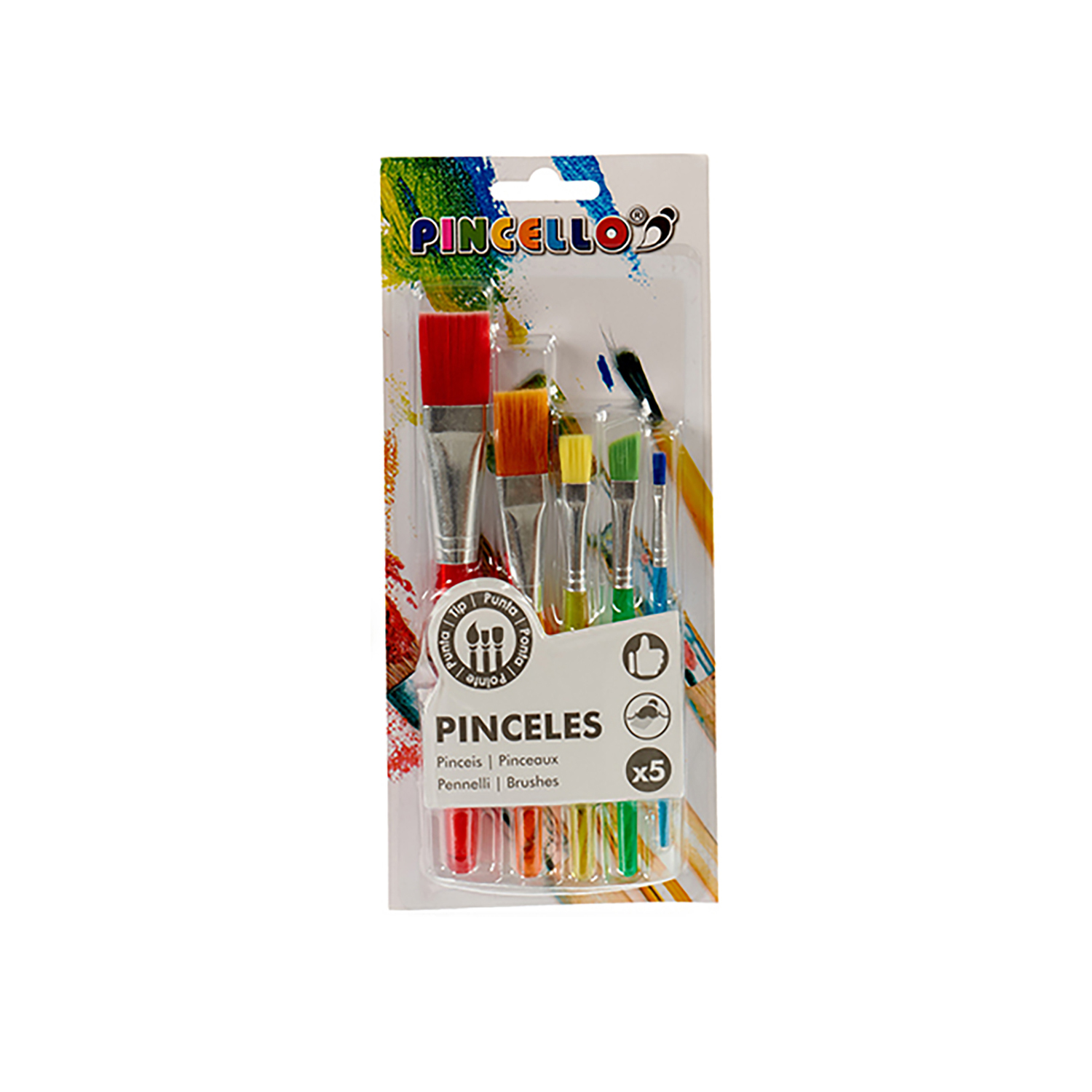 Paquete de pinceles de varios colores. La etiqueta dice 'Pincello' y 'Pinceles'.