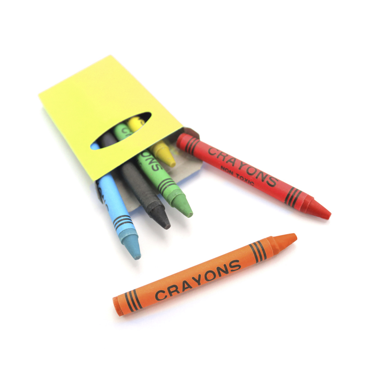 Caja de crayones: azul, verde, negro y amarillo, con un crayón naranja fuera de la caja, fondo blanco.