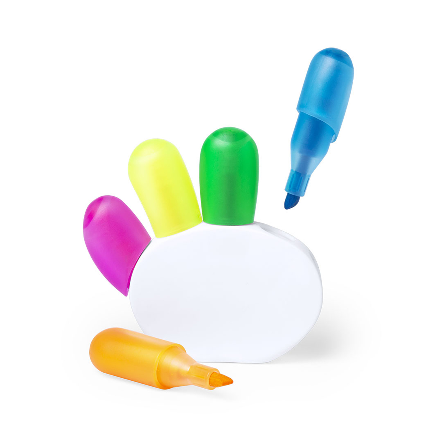 Un juego de rotuladores con forma de mano con rotuladores y tapas de colores sobre fondo blanco.