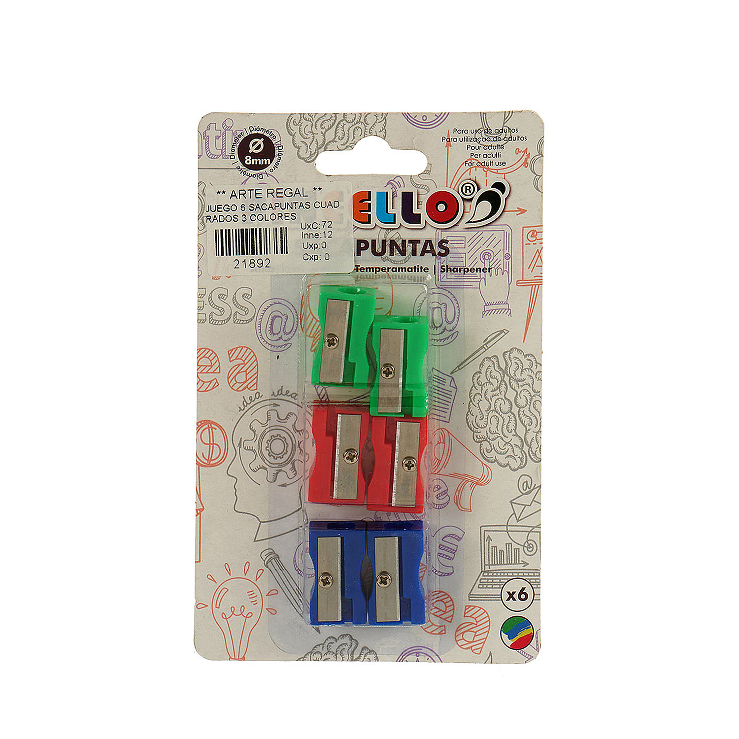 Paquete de sacapuntas rojo, verde y azul, con texto sobre fondo blanco.