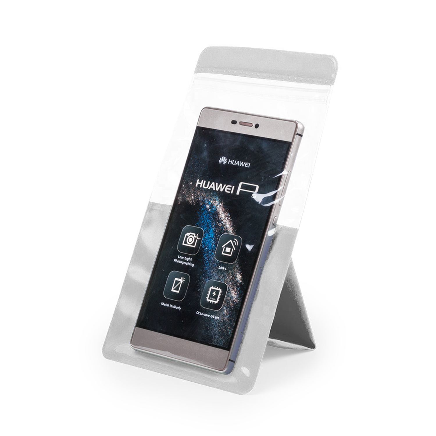 Teléfono Huawei en funda transparente impermeable, sobre un soporte. Muestra iconos de aplicaciones.