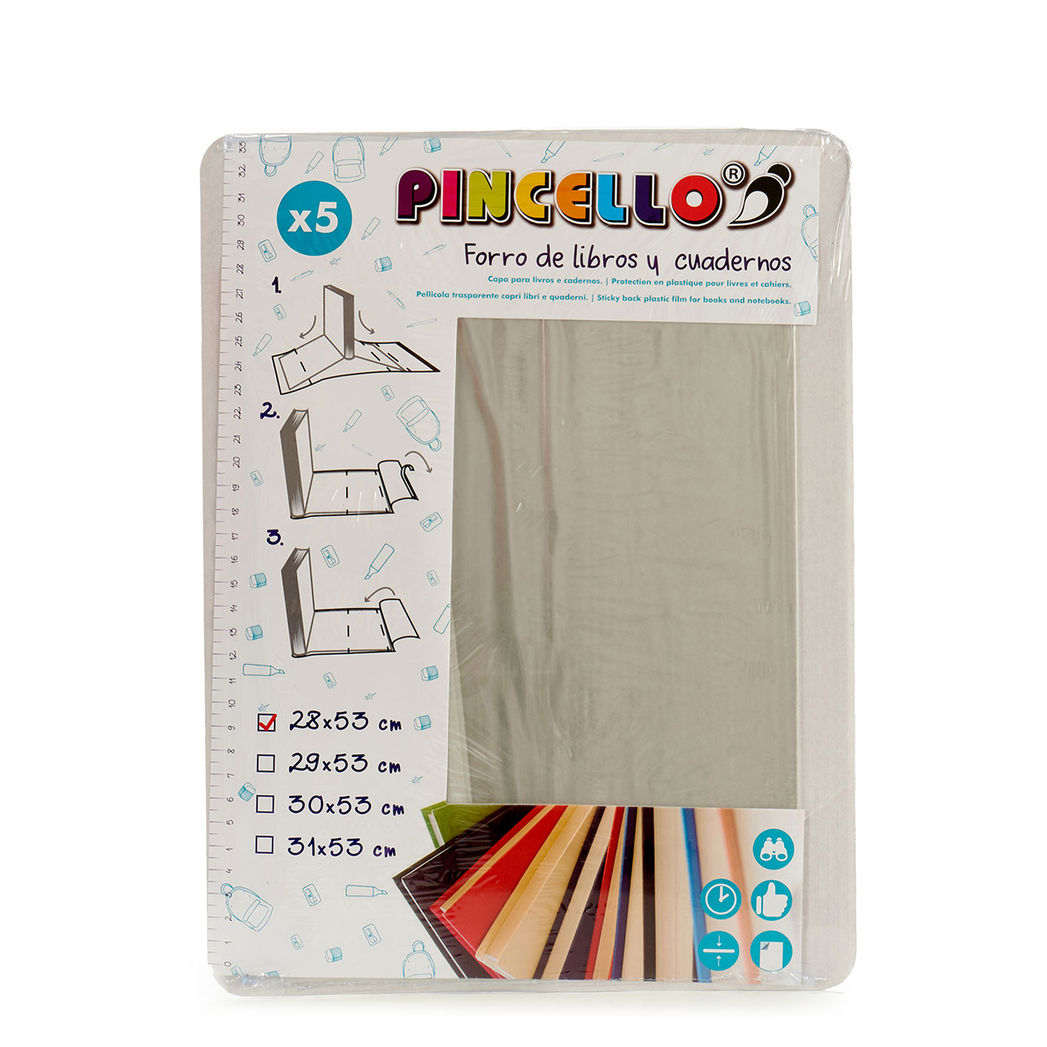 Cubiertas de libros y cuadernos en embalaje plástico, con regla y medidas.