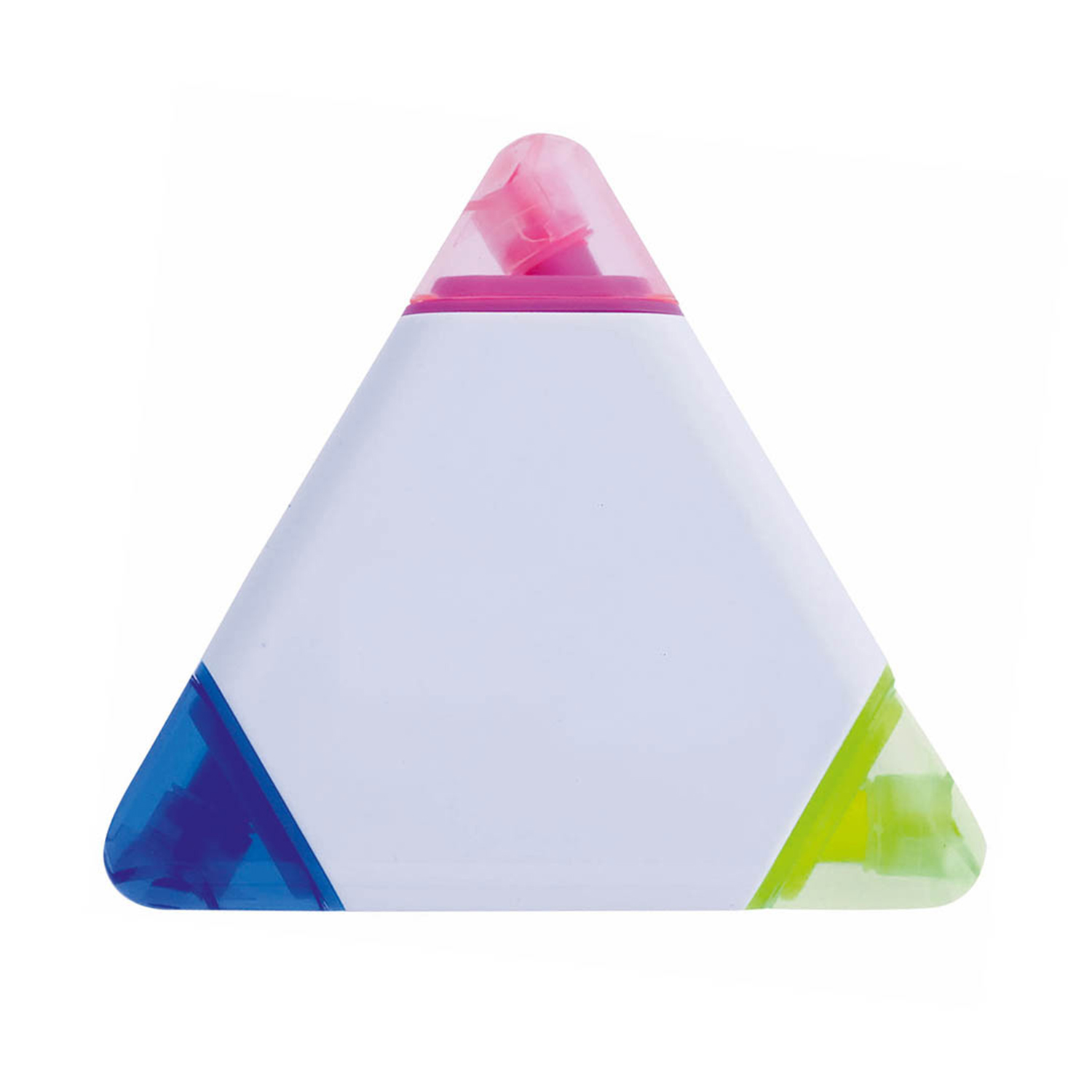 Resaltador tricolor. Rosa, azul y verde. Forma de triángulo.