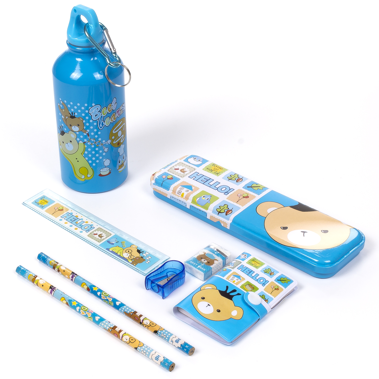 Juego de útiles escolares: botella de agua azul, lápices, regla, borrador, sacapuntas y estuche.