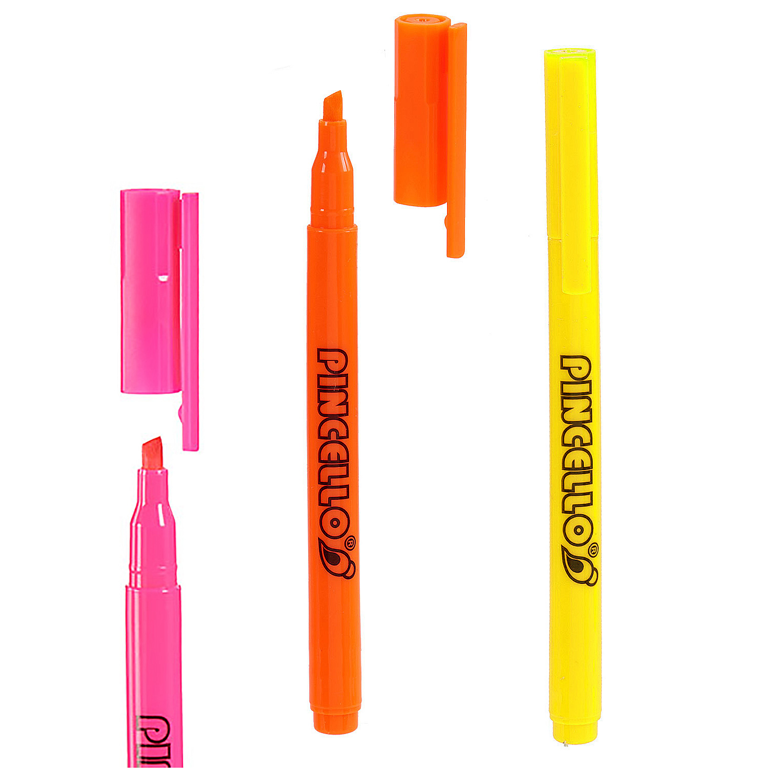 Rotuladores rosa, naranja y amarillo con tapas abiertas y cerradas, etiquetados 'PINCELLO'.