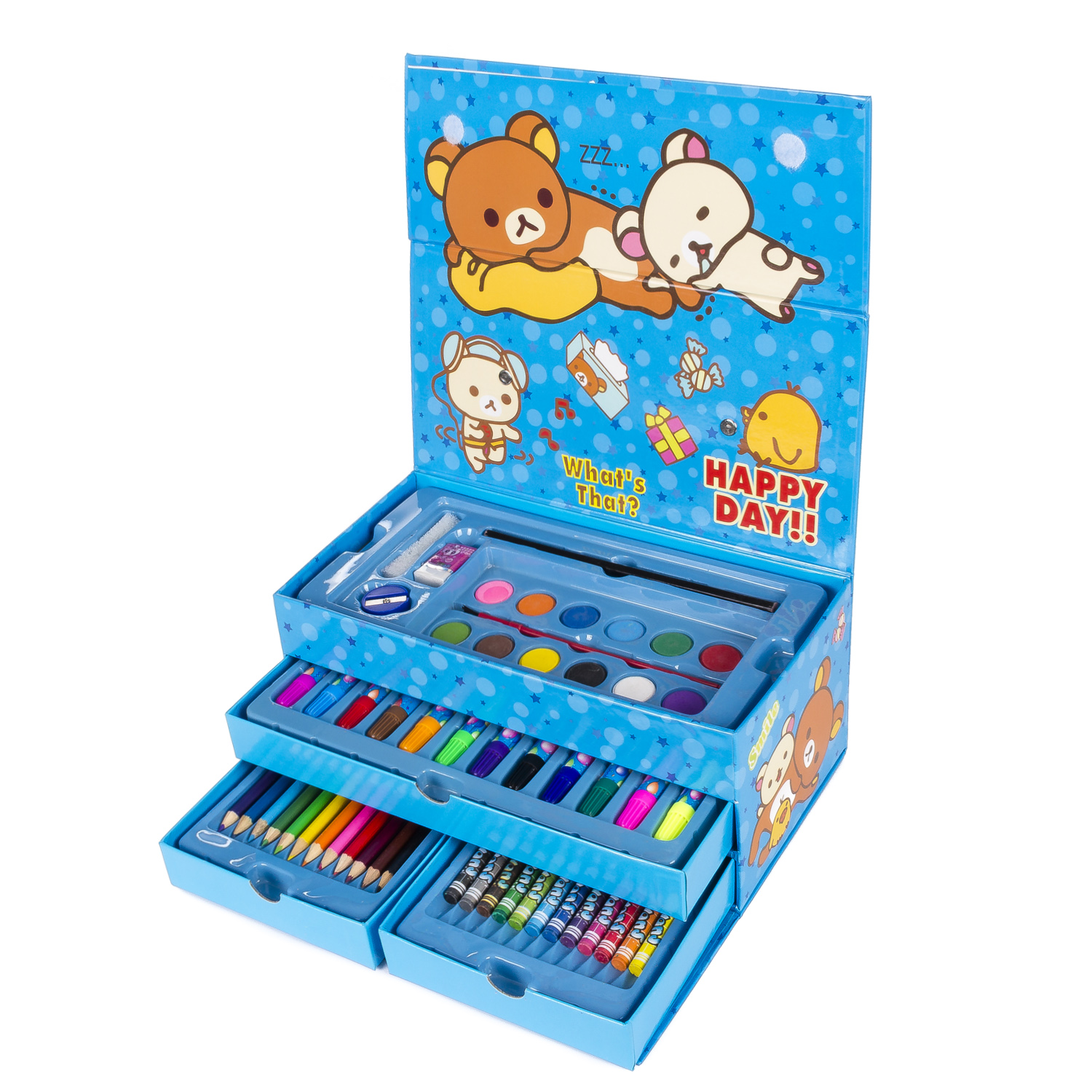 Una caja azul de juego de arte con útiles de dibujo, con osos de dibujos animados.