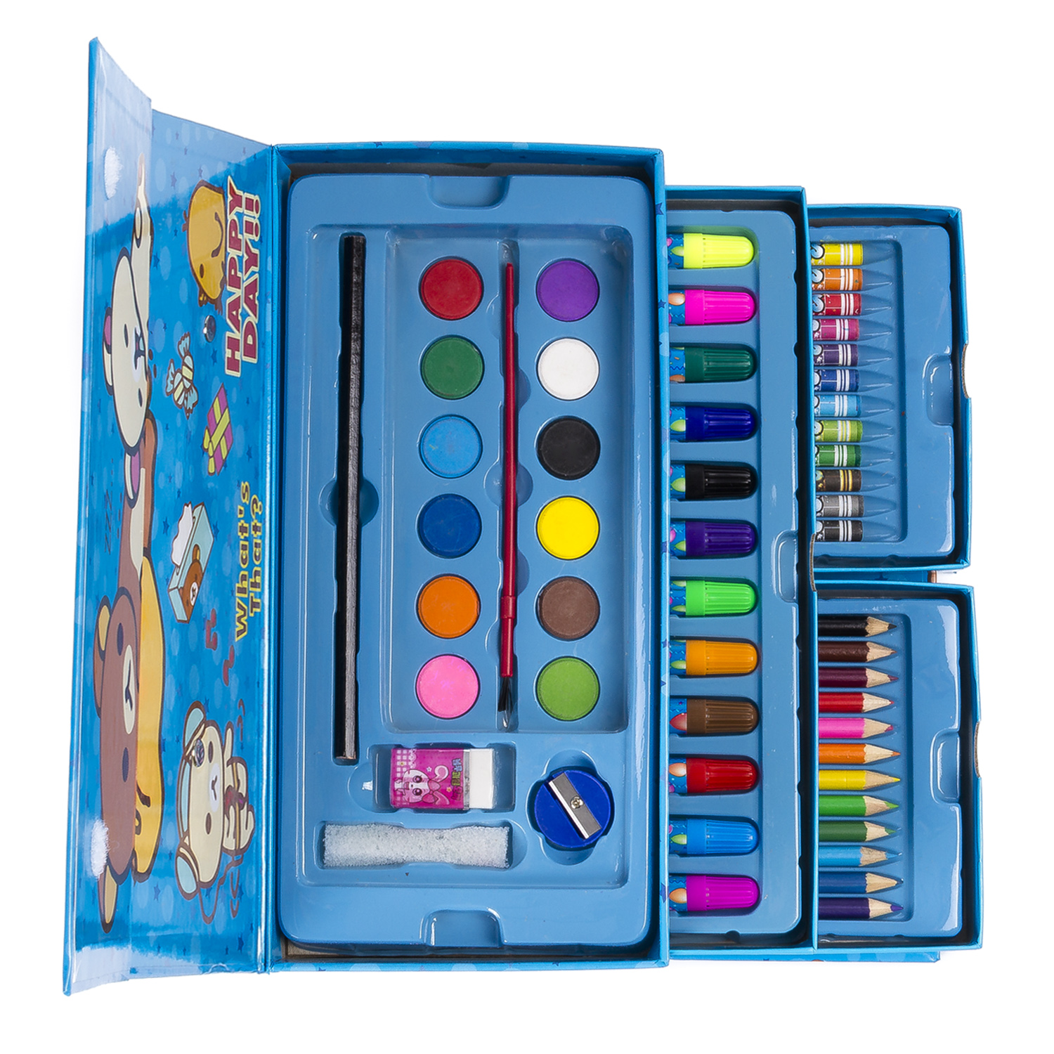 Un juego de arte azul abierto con pinturas, lápices, rotuladores, goma de borrar y pincel. Oso de dibujos animados en la portada.
