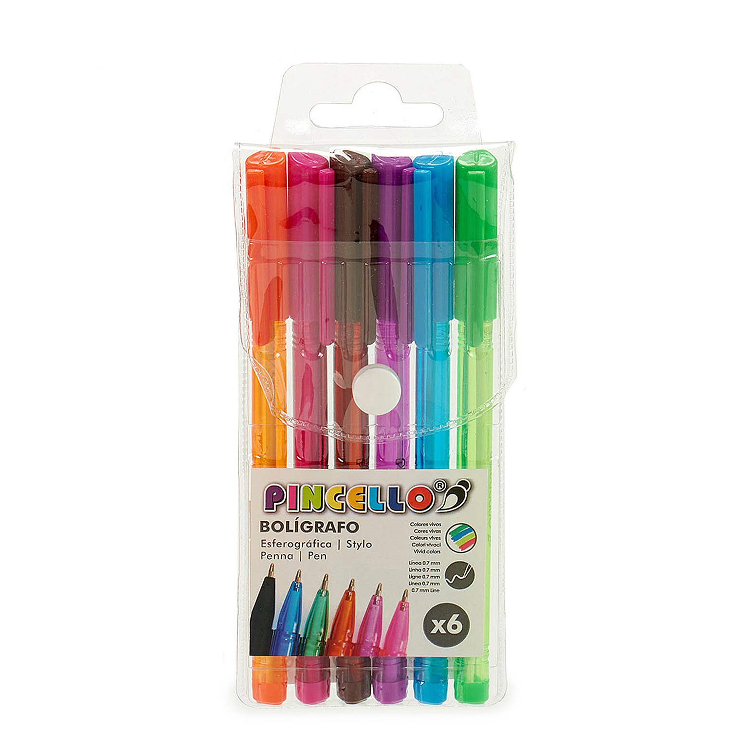Seis bolígrafos de colores en un paquete de plástico transparente. Texto.