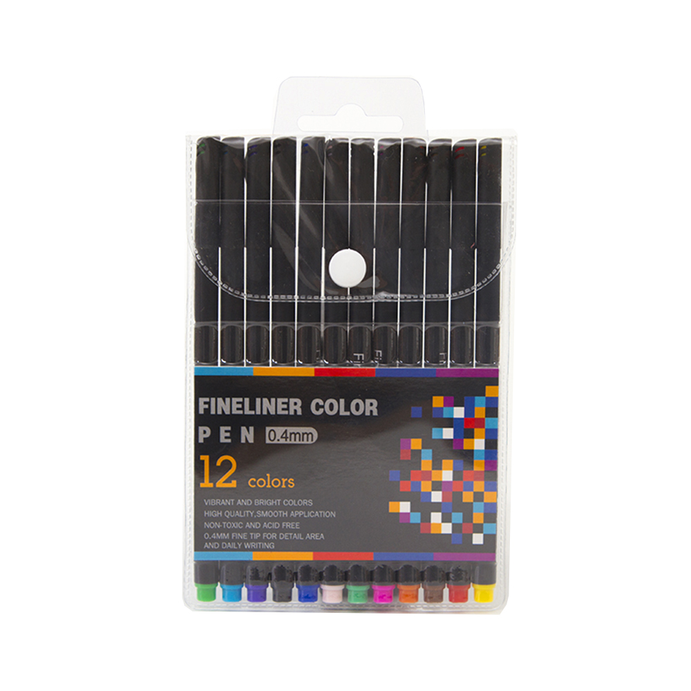 Paquete de 12 bolígrafos Fineliner. Bolígrafos negros con puntas de color. Texto: Fineliner Color Pen 0.4mm.