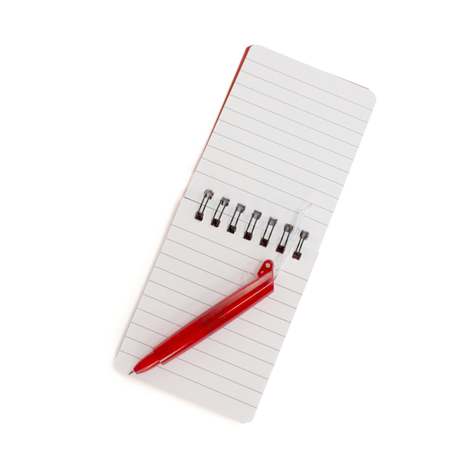 Cuaderno abierto con espiral roja y un bolígrafo rojo sobre una superficie blanca.
