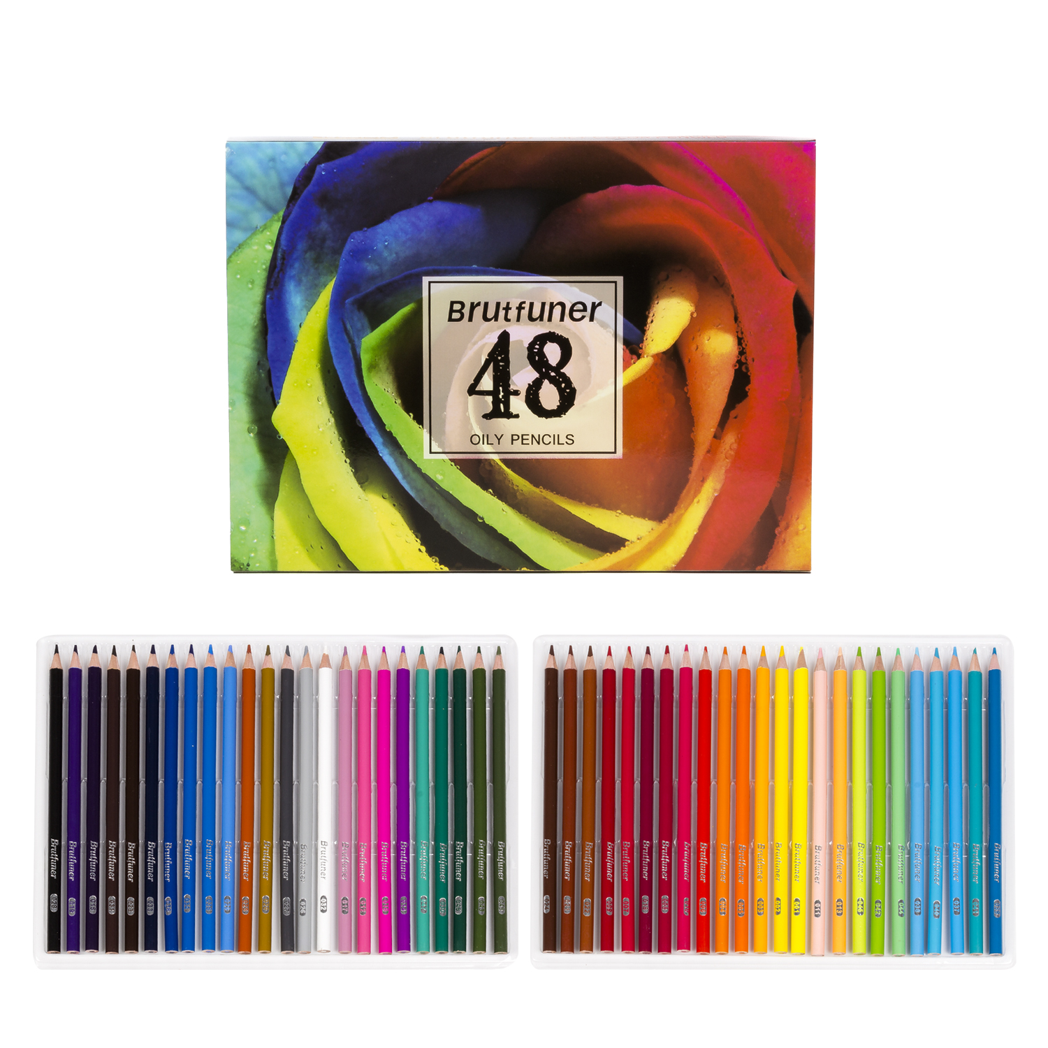 Una caja de 48 lápices oleosos. La caja tiene una imagen de rosa colorida. Dos juegos de lápices mostrados.