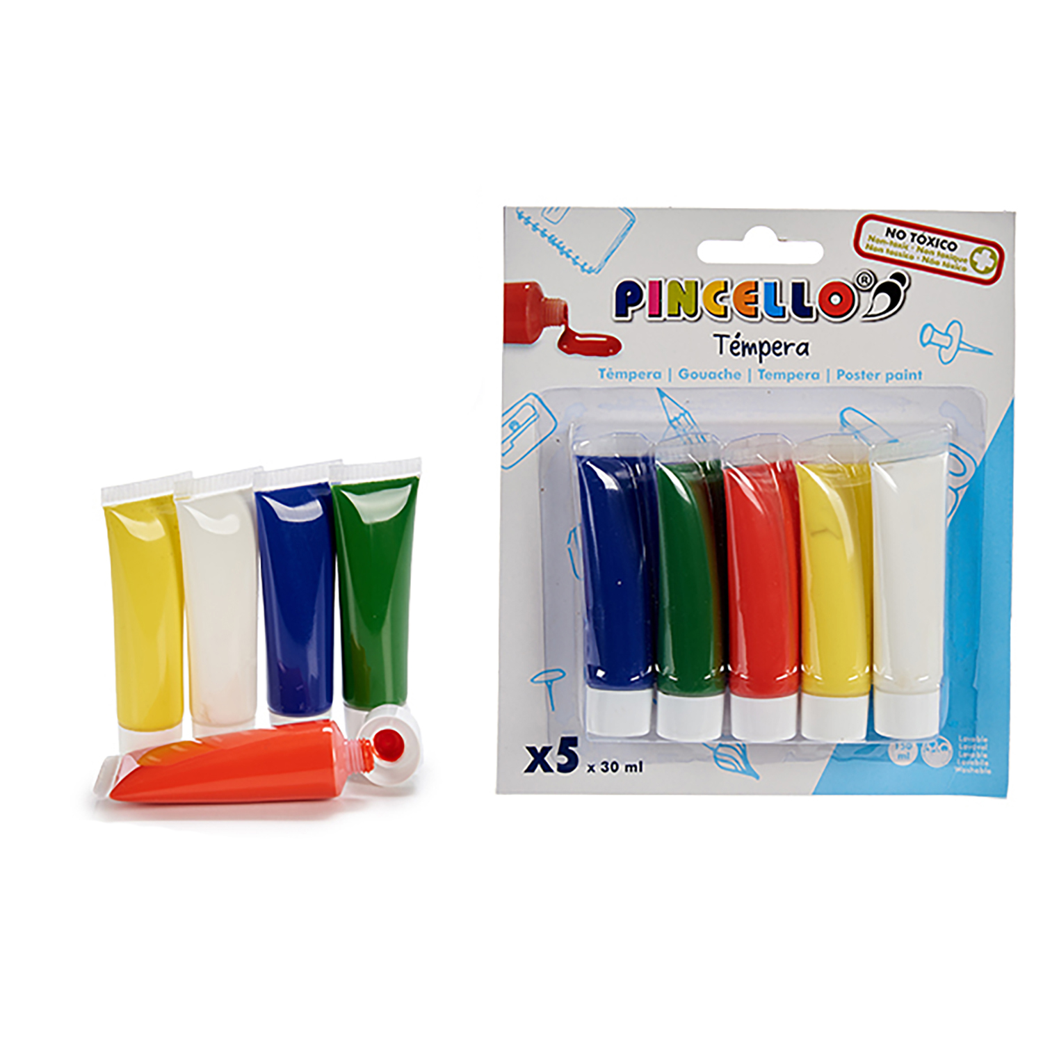 Tubos de pintura témpera en varios colores. También se muestra un paquete de tubos de pintura.