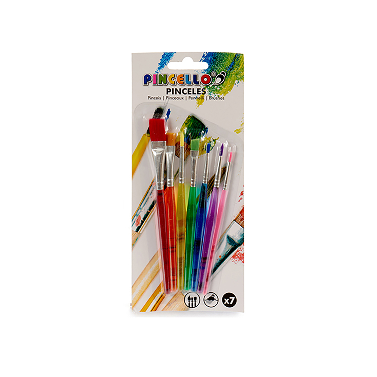 Juego de pinceles coloridos en un paquete de plástico sobre fondo blanco.