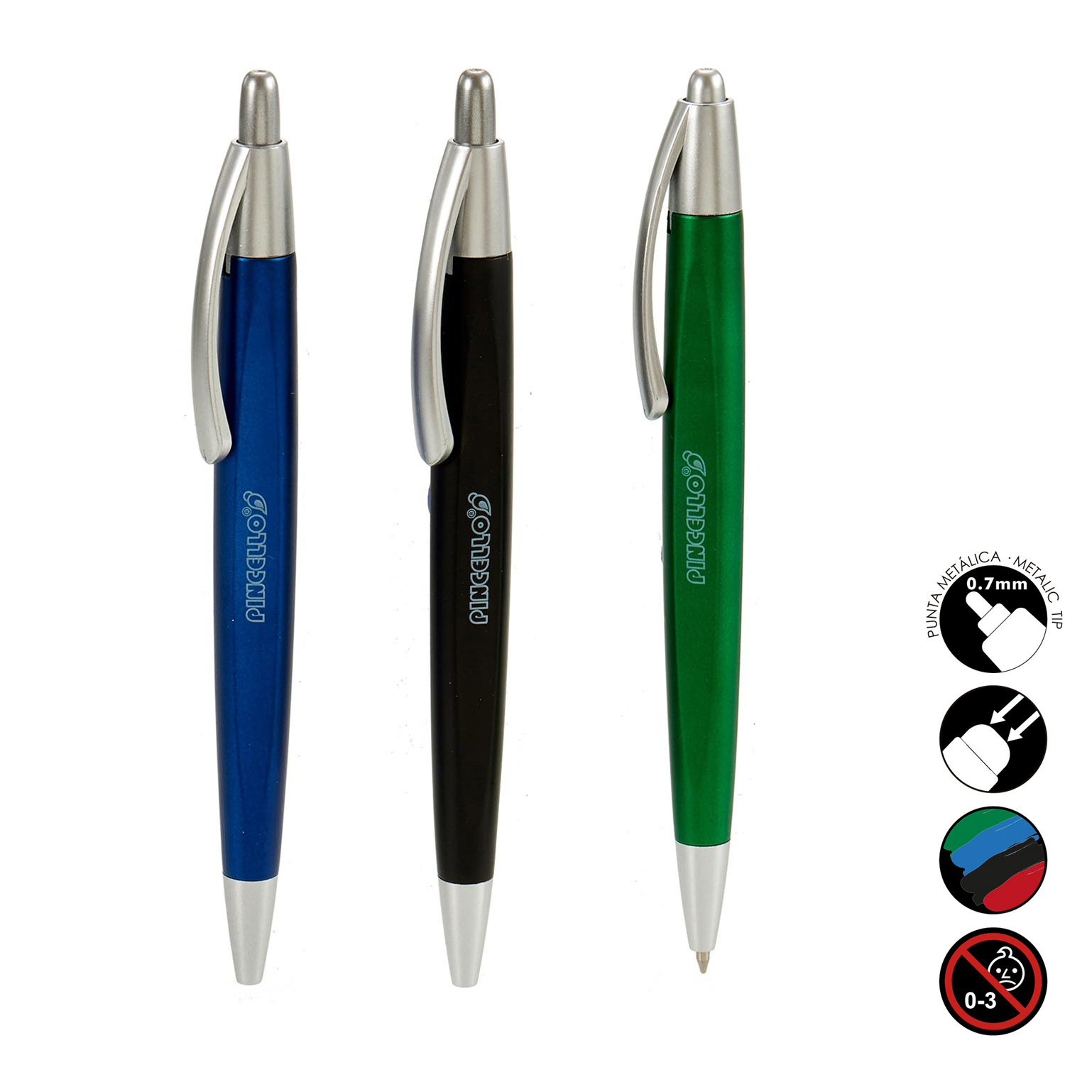 Tres bolígrafos en azul, negro y verde, con puntas metálicas y un diagrama de las características del bolígrafo.