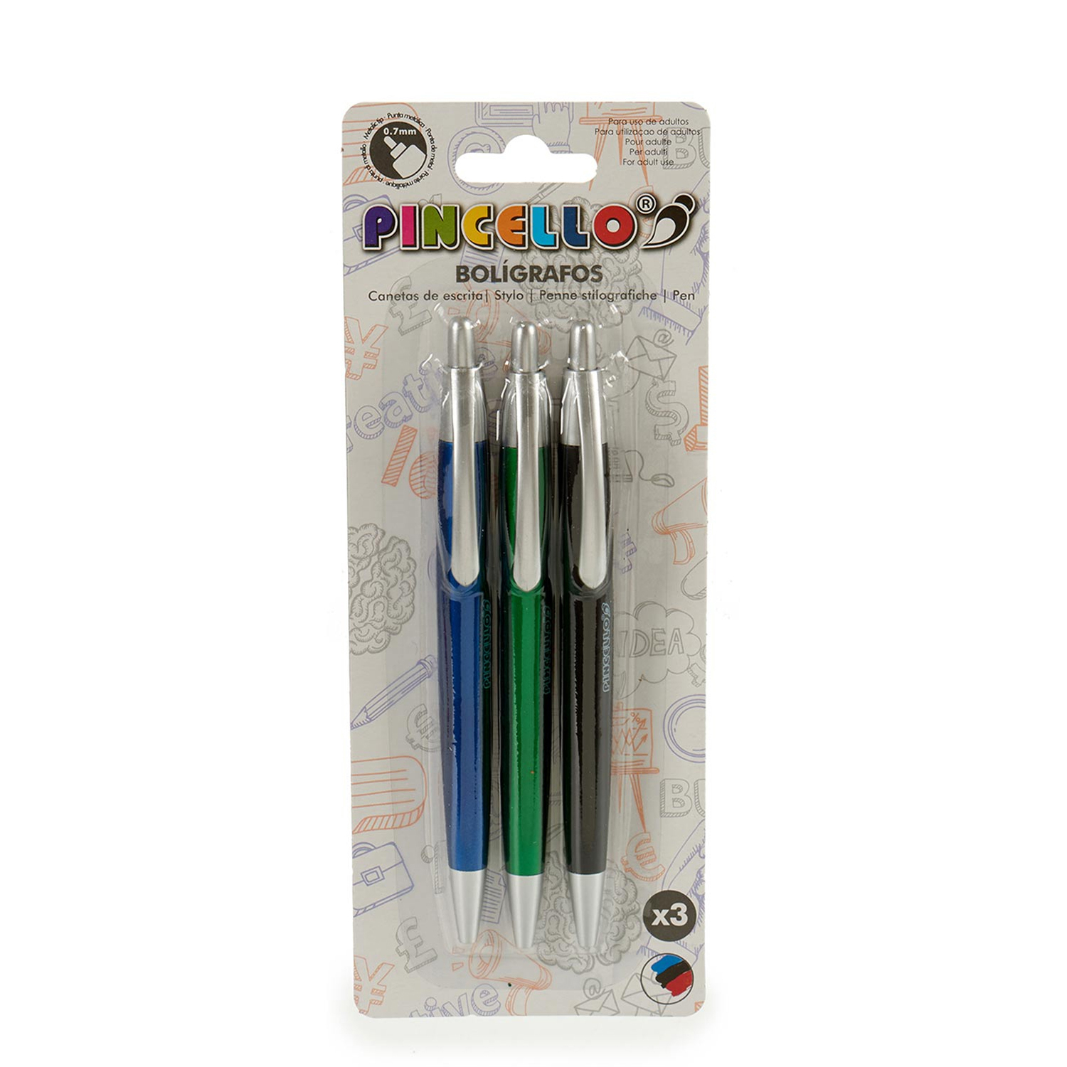 Tres bolígrafos de colores en un blíster. Se muestran bolígrafos azules, verdes y negros.