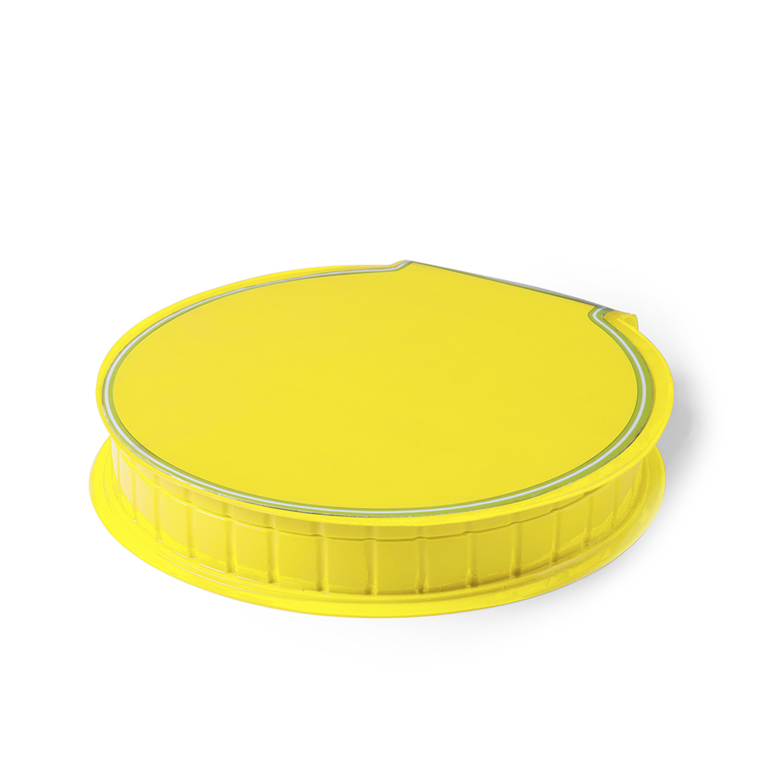Un contenedor amarillo, redondo, de dos partes con tapa, sobre un fondo blanco.