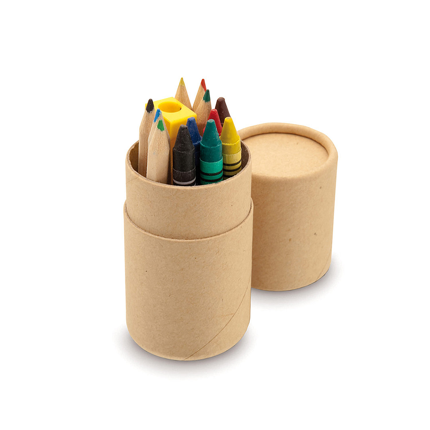 Lápices de colores y crayones en un recipiente cilíndrico de cartón, con tapa abierta.