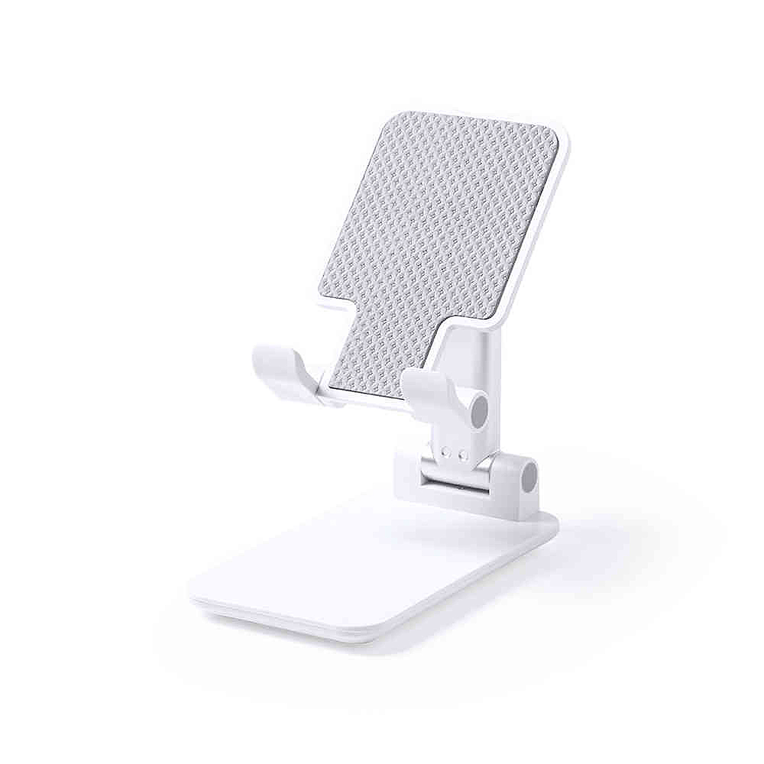 Soporte blanco para teléfono con brazo y base ajustables. Superficie texturizada para agarre. Fondo blanco.