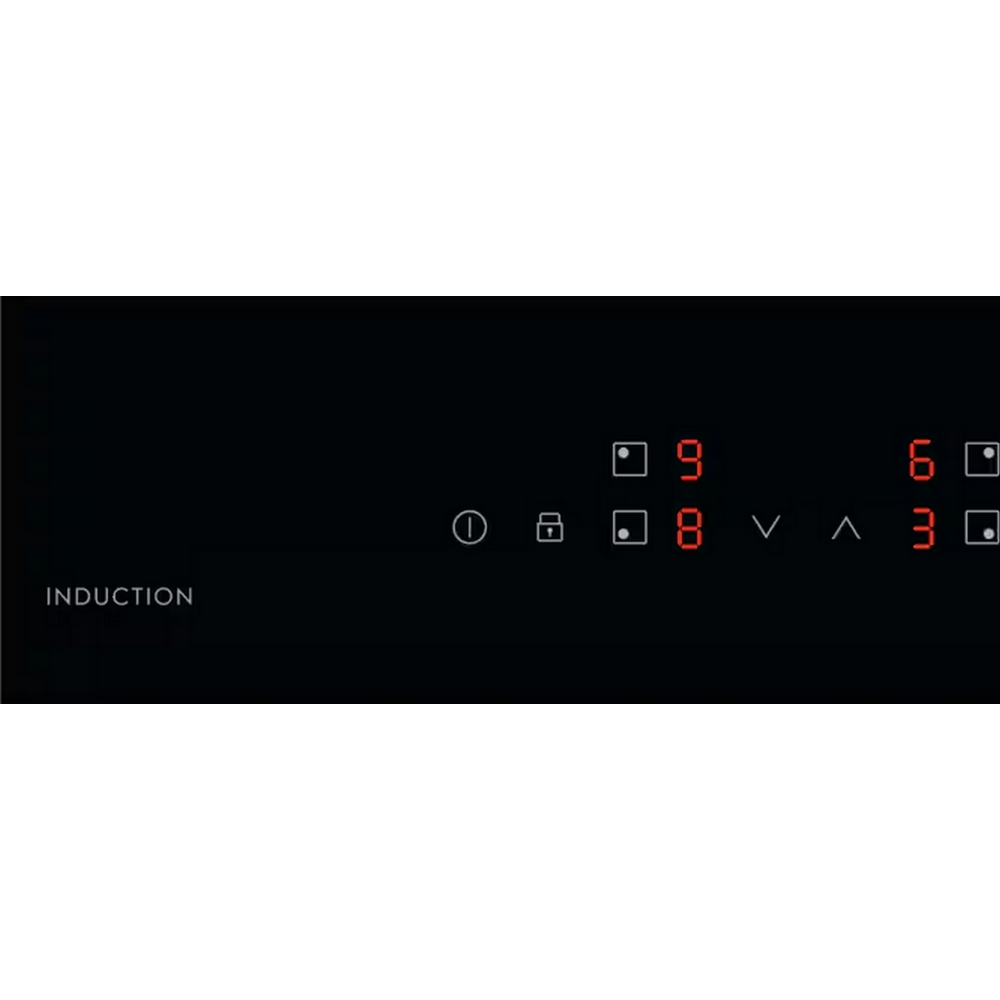 Czarna płyta indukcyjna z czerwonymi numerami. Białe tło. Panel sterowania z przyciskami.