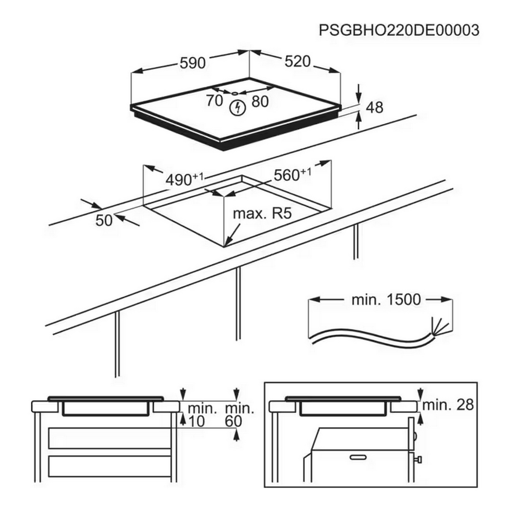 Schemat płyty grzewczej. Wymiary, z pomiarami i etykietami. Czarny kontur.