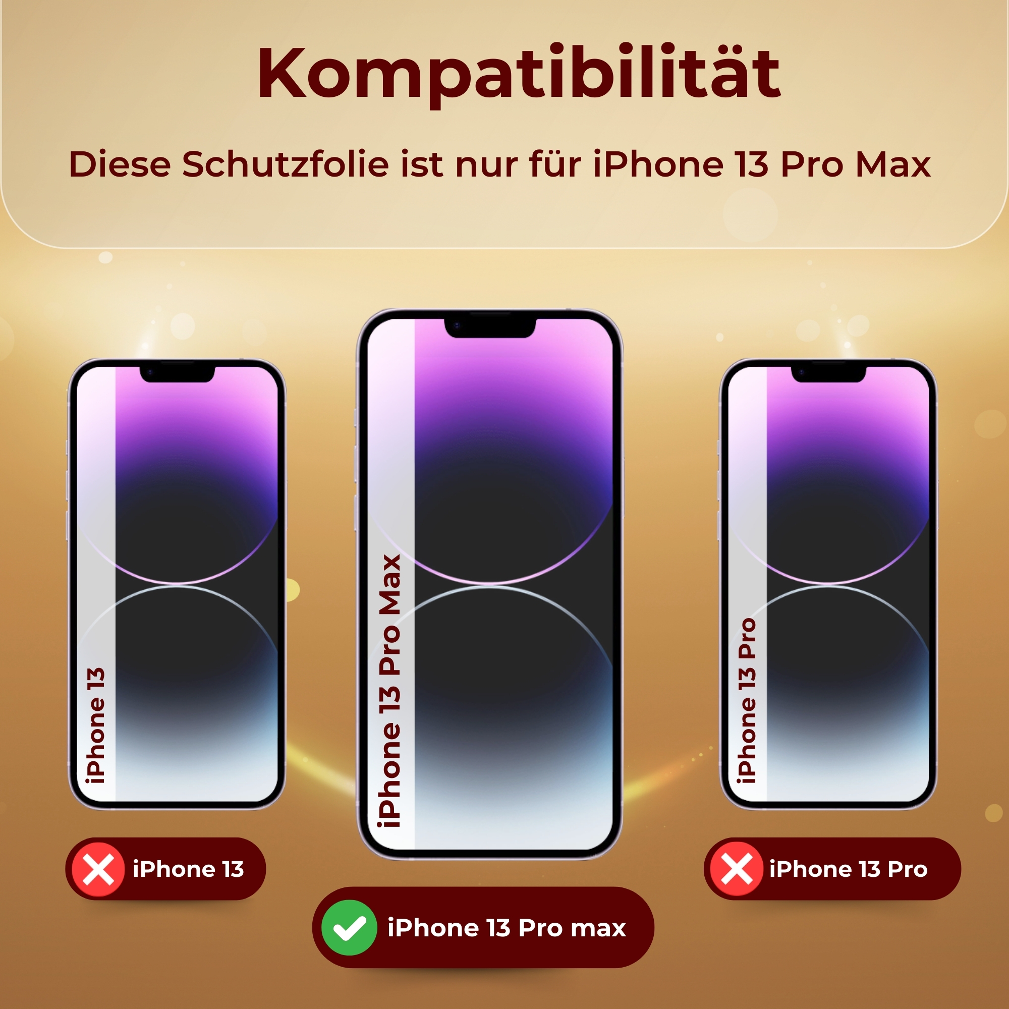 Das Bild zeigt die iPhone 13 Pro Max-Kompatibilität mit Häkchen. iPhone 13 und Pro sind mit X markiert.