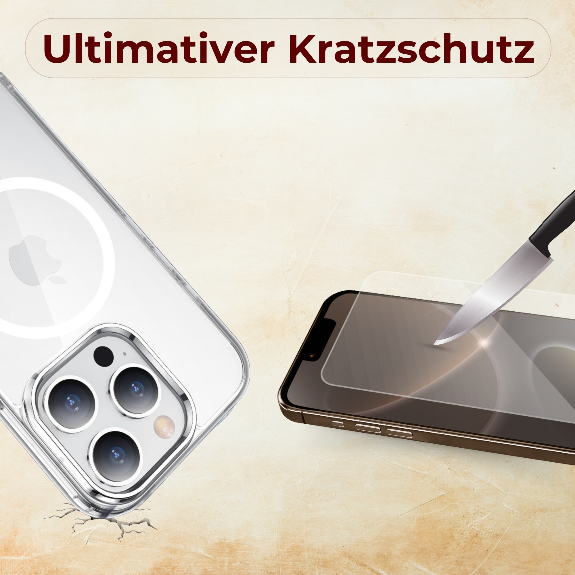 Eine Handyhülle mit durchsichtigem Rücken und einem Telefon. Ein Messer schneidet die Displayschutzfolie.