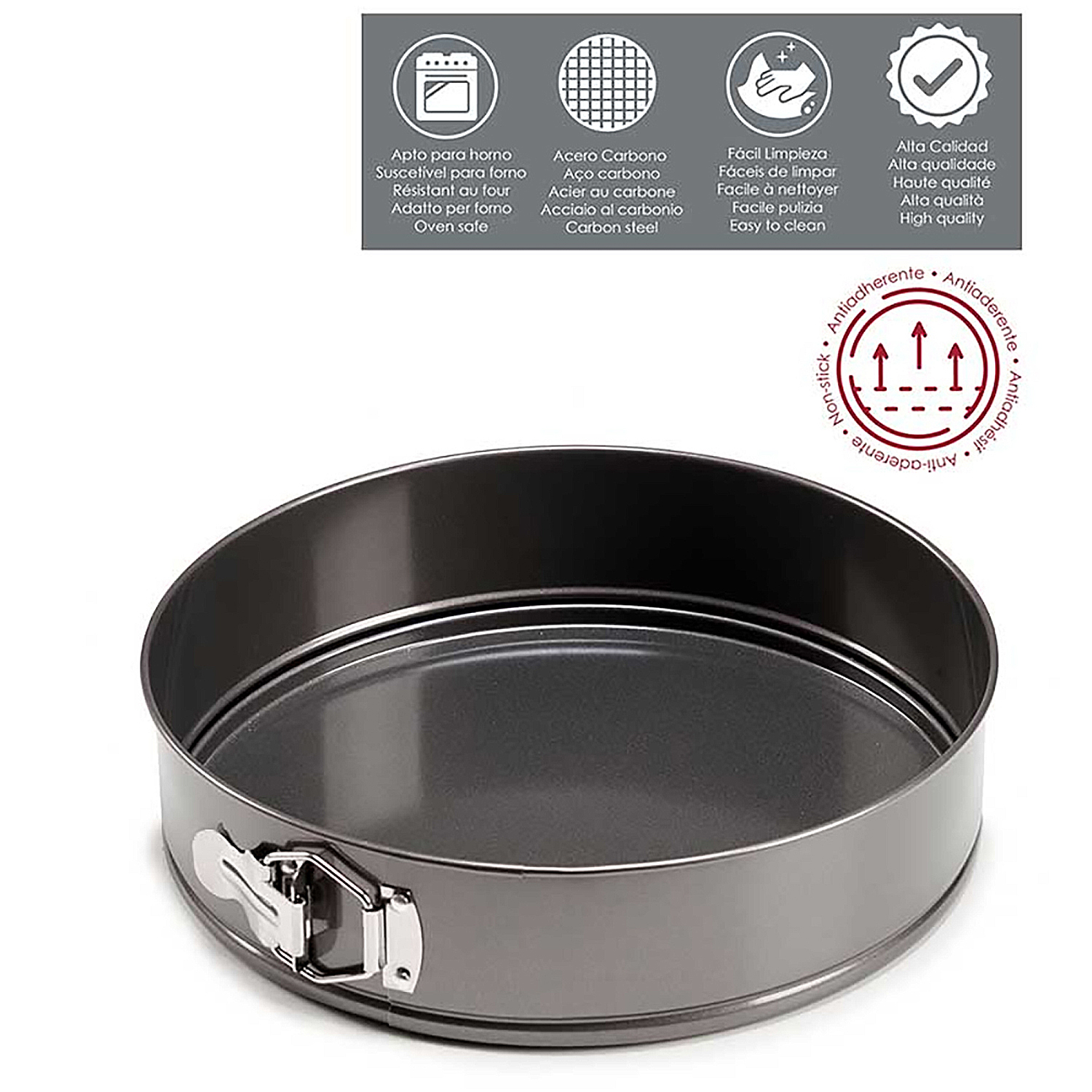 Un molde redondo para pastel de color gris oscuro con un cierre lateral, y una imagen con horno, acero al carbono, etc.