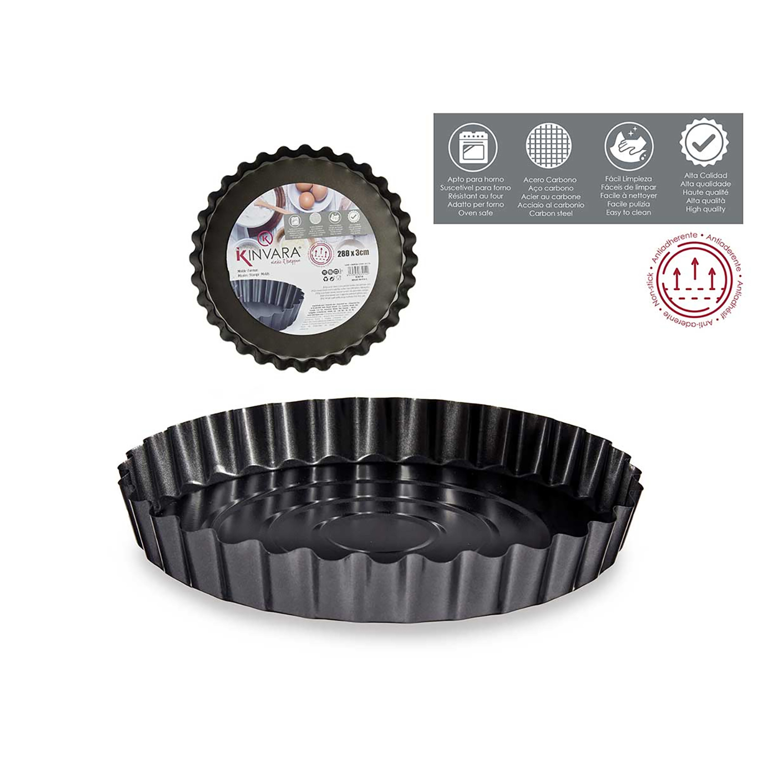 Molde para tarta negro estriado con información del producto e iconos de horno y fácil limpieza.