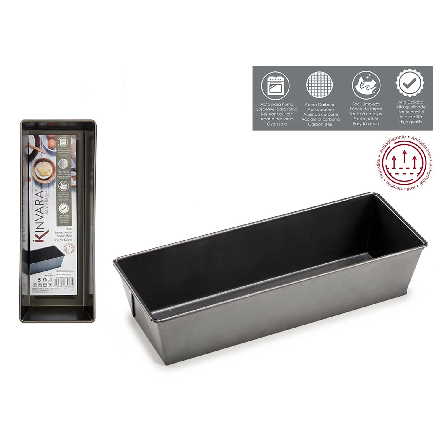 Molde para hornear negro con etiqueta, sobre fondo blanco. Apto para horno, antiadherente.